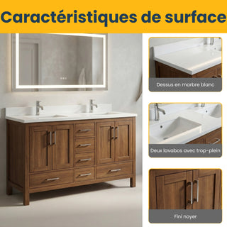 Meuble-lavabo double sur pied en noyer de 60 po avec comptoir en marbre blanc reconstitué