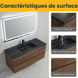 Meuble-Lavabo Mural 48po Noyer avec Comptoir de Quartz d'ingénierie Noir