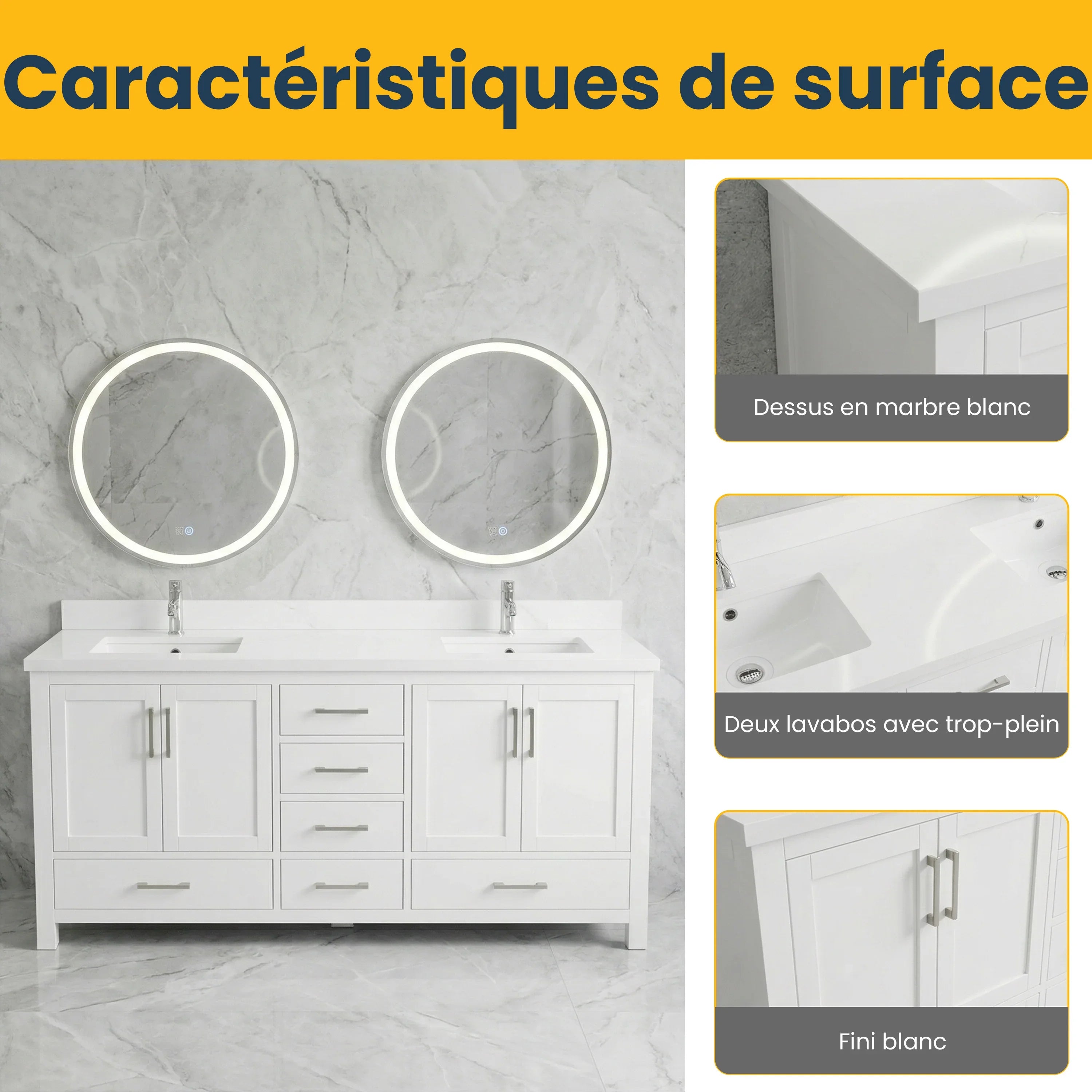 Meuble-lavabo double sur pied blanc de 72 po avec comptoir en marbre blanc reconstitué
