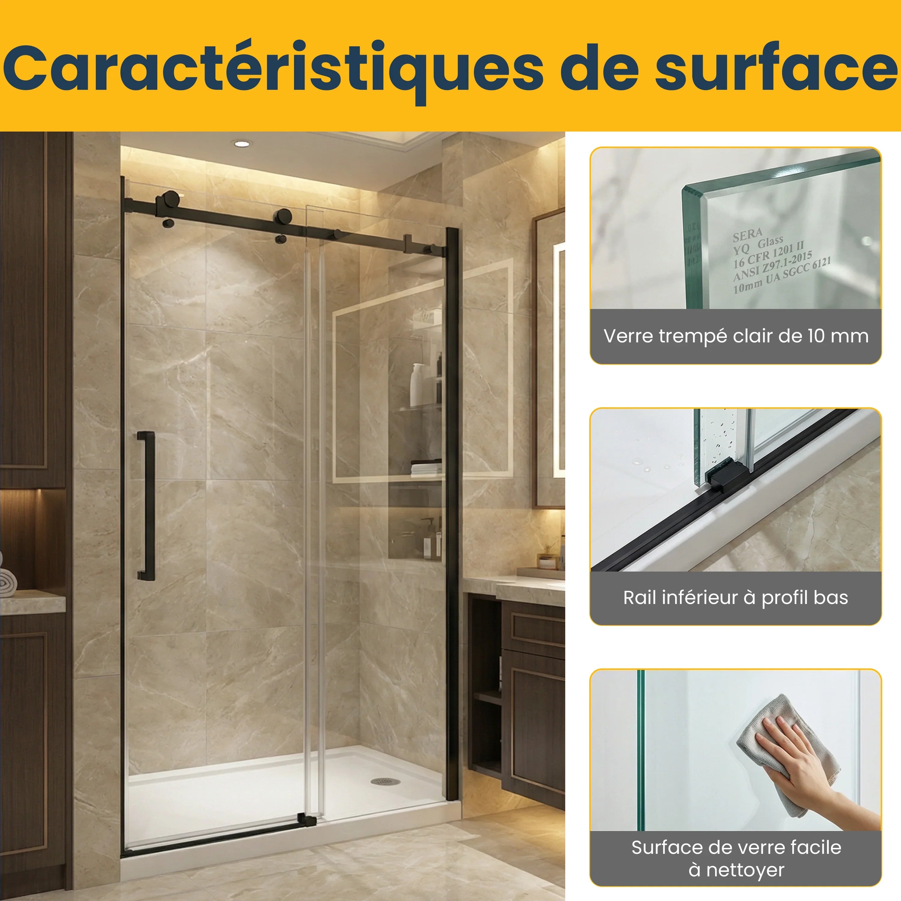 48" x 75" Alcove Reversible Sliding Shower Door with Square Black Hardware