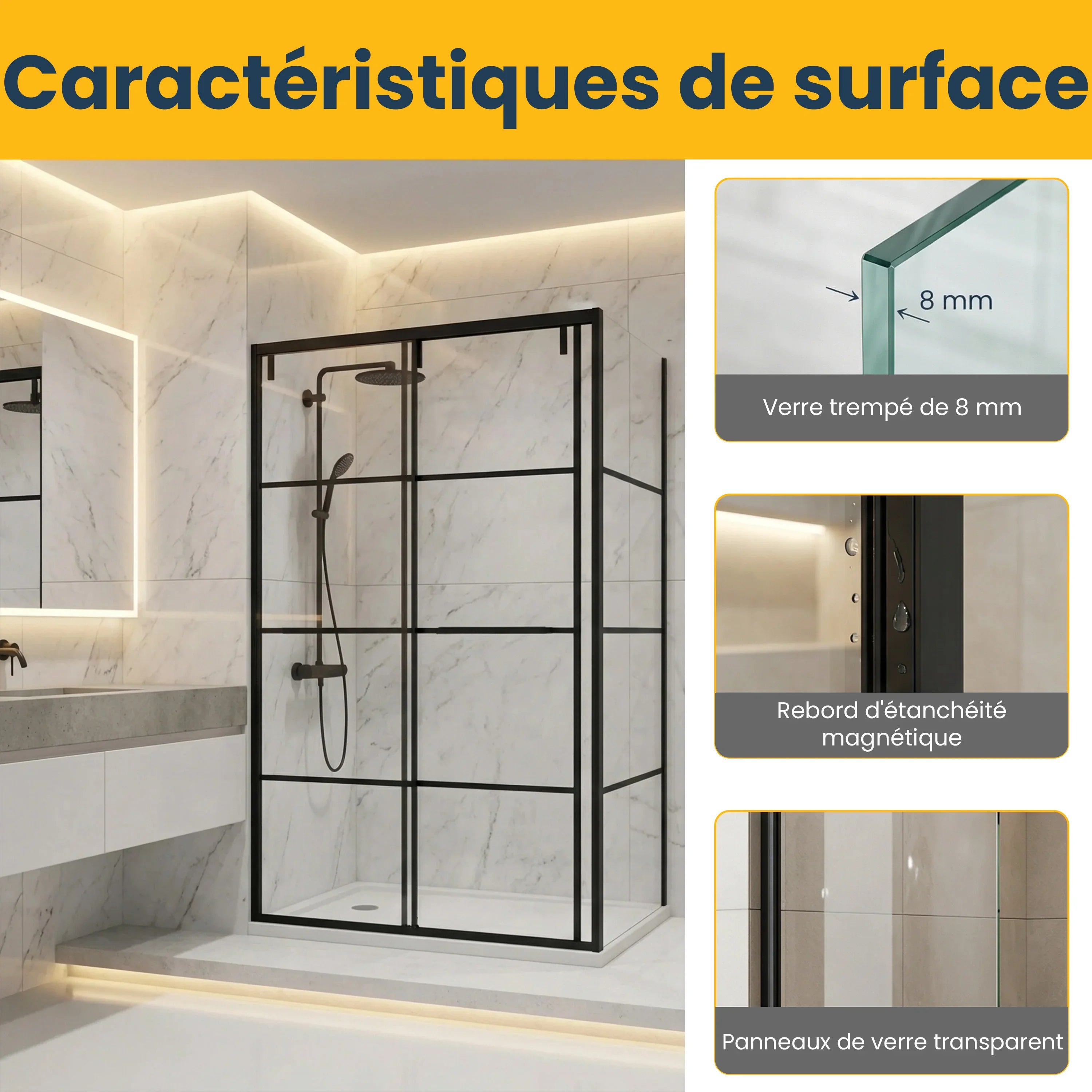 48" x 79" Matte Black Framed Sliding Shower Door with 36" Side Panel