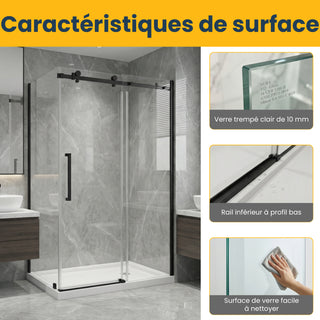 Ensemble de douche 48" x 36" x 75" - Style carré avec quincaillerie noire mate - Installation sur 2 murs sans base