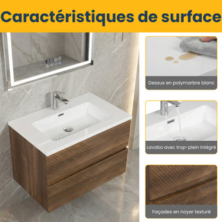 30" Walnut Wall Mount Single Sink Bathroom Vanity with White Polymarble Countertop