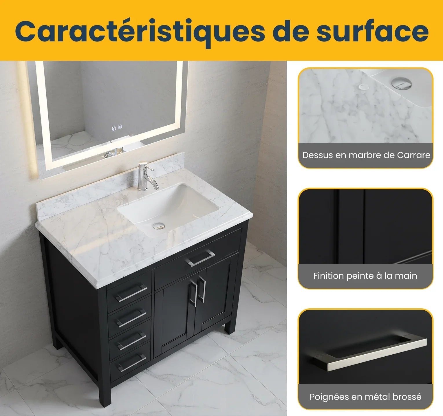 Meuble Lavabo Autoportant Noir 36po avec Comptoir en Marbre Carrera
