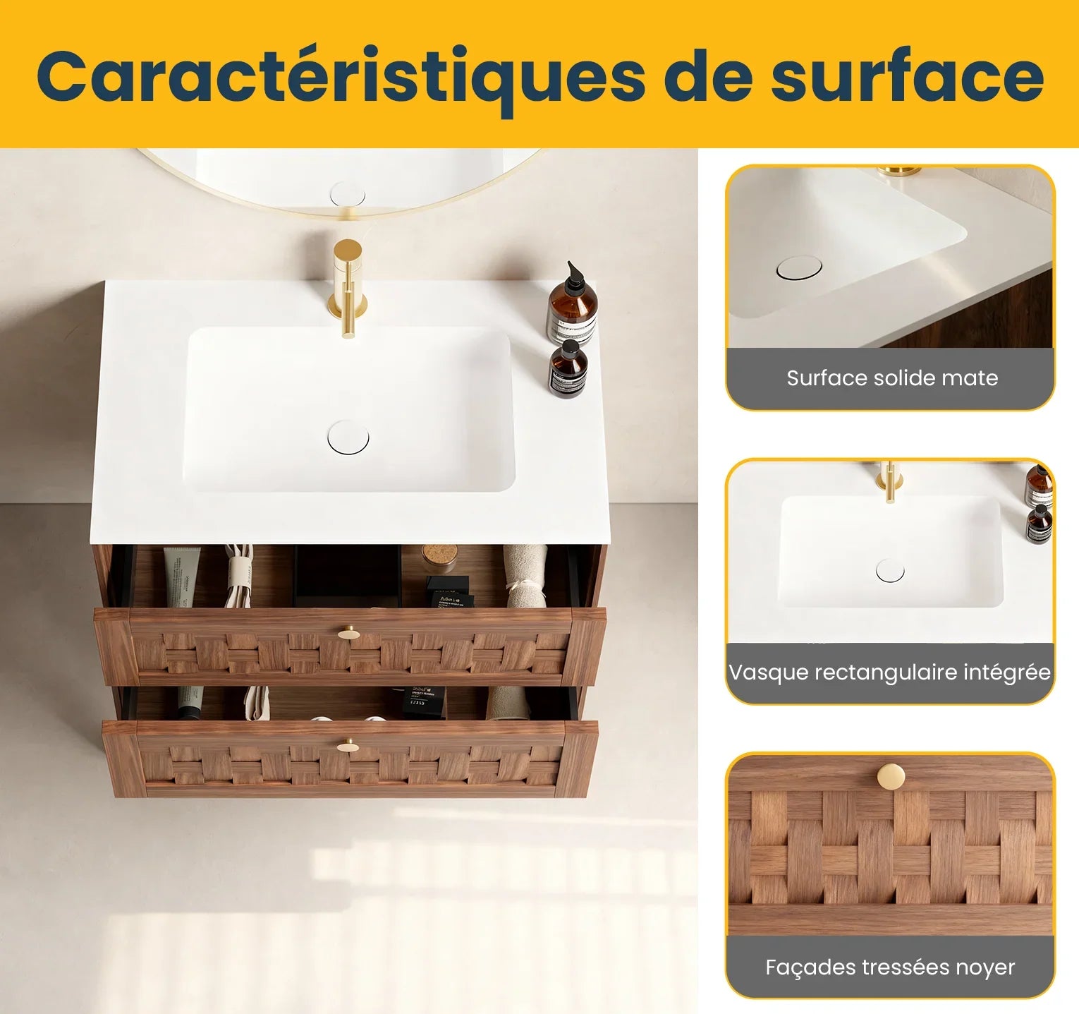 Meuble-lavabo mural 30po en noyer naturel avec comptoir en surface solide blanc mat