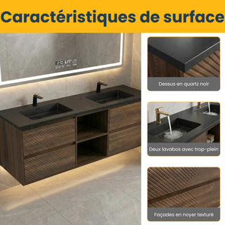 Meuble-Lavabo Mural 72po Noyer avec Comptoir de Quartz d'ingénierie Noir