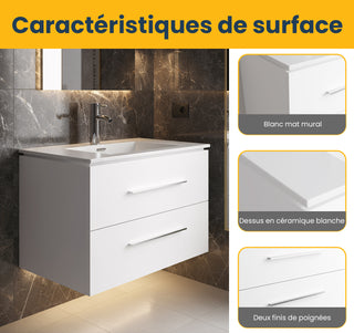 Meuble-Lavabo Mural 30po Blanc Mat avec Comptoir de Céramique Blanc