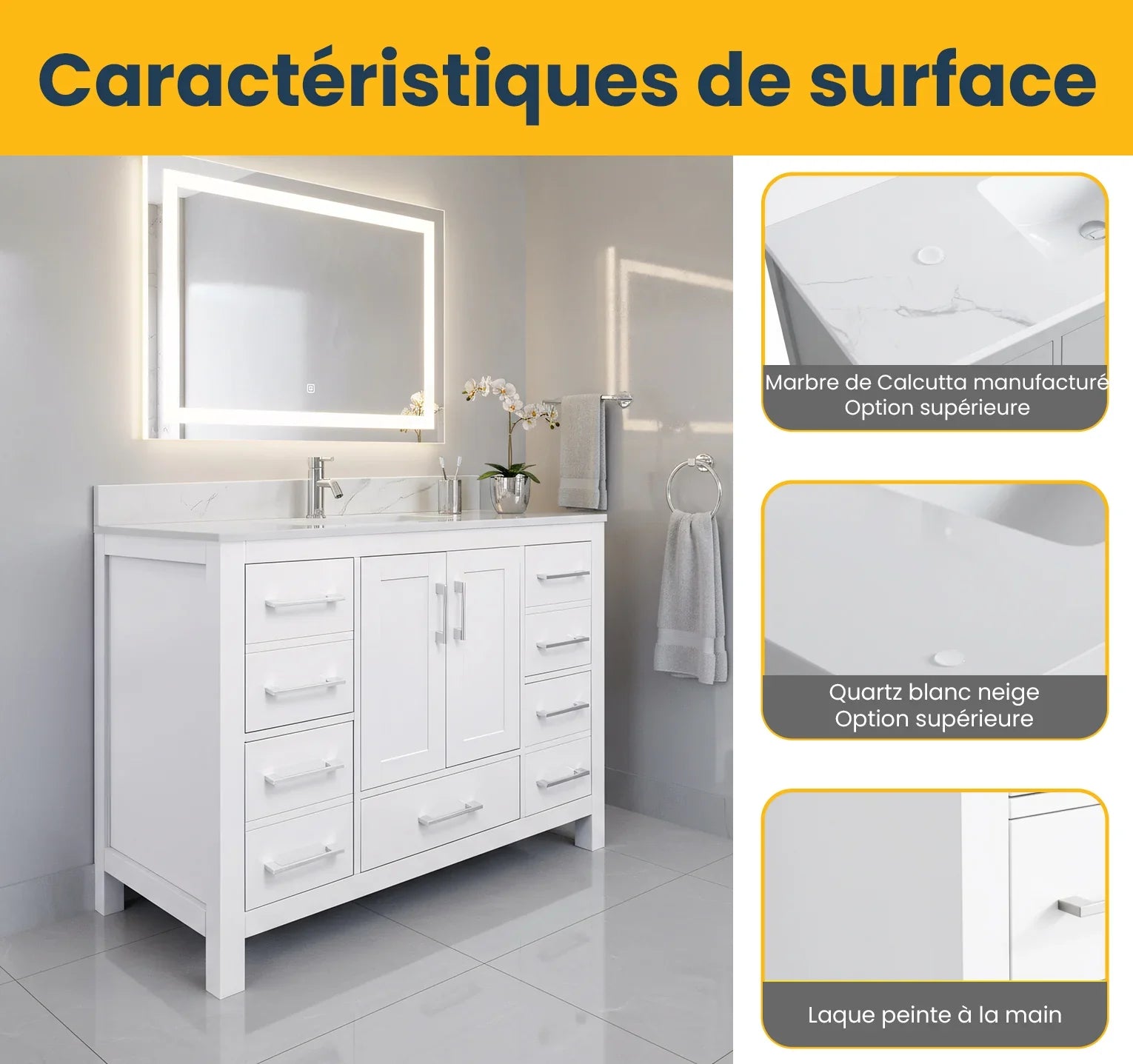 Meuble-lavabo Autoportant 42 po Blanc avec Comptoir de Marbre Ingénierie Calcutta