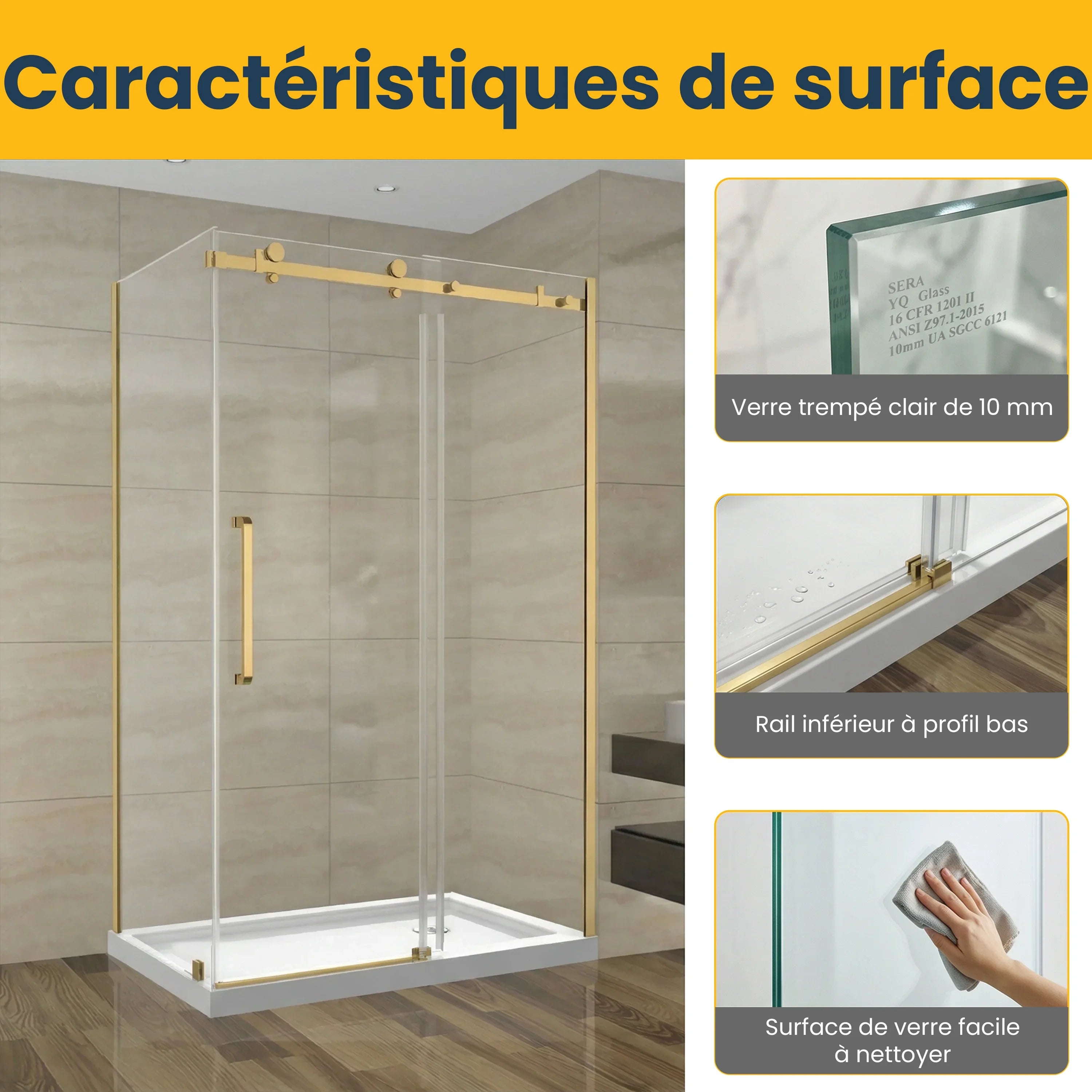 Porte de douche coulissante 48po x 32po x 75po en or brossé avec panneau latéral 32po