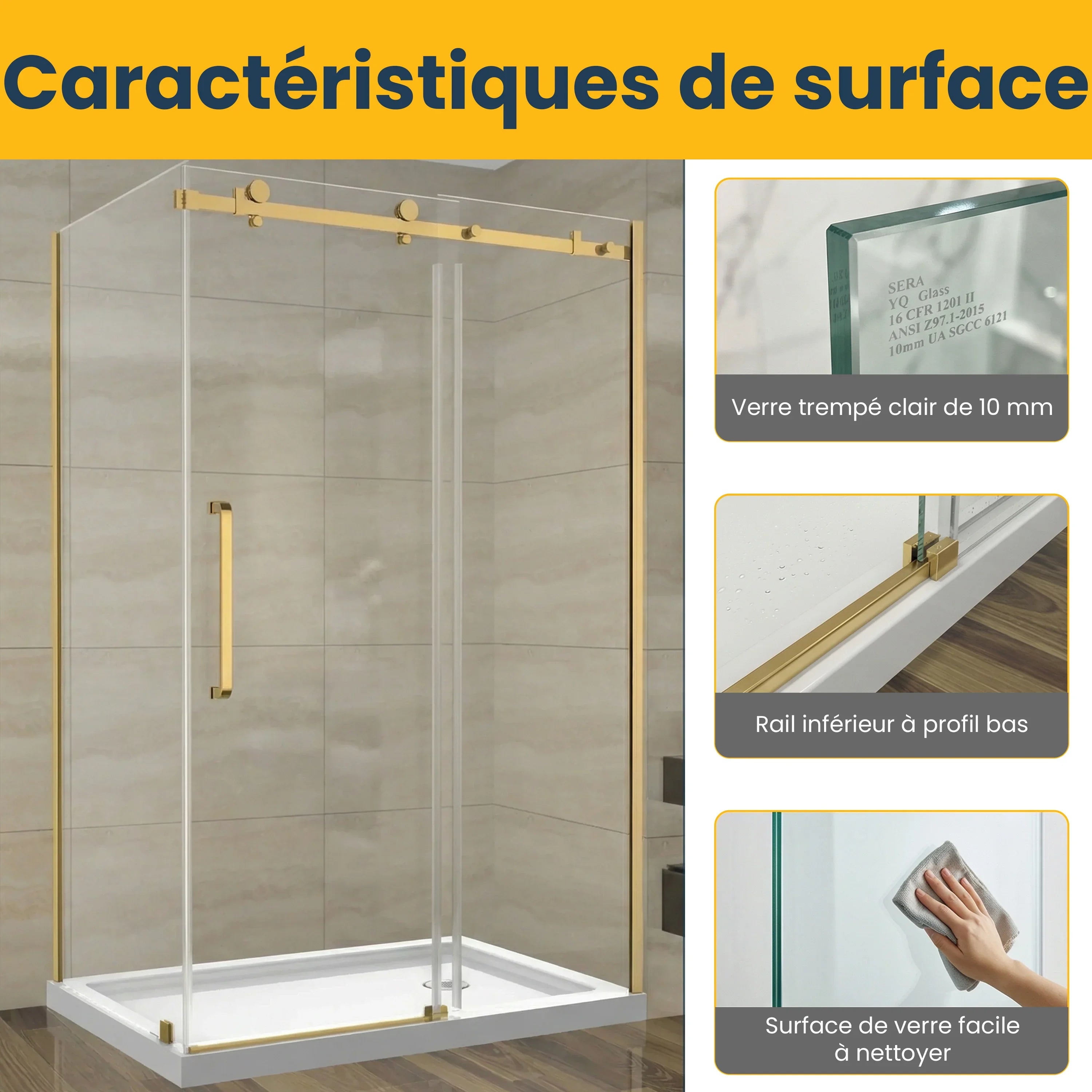 48" x 36" Brushed Gold Reversible Sliding Shower Door with 10mm Tempered Glass