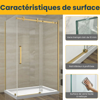 Porte de douche coulissante réversible 48" x 36" x 75" x 10mm avec design carré, quincaillerie en or brossé et panneau latéral 36"