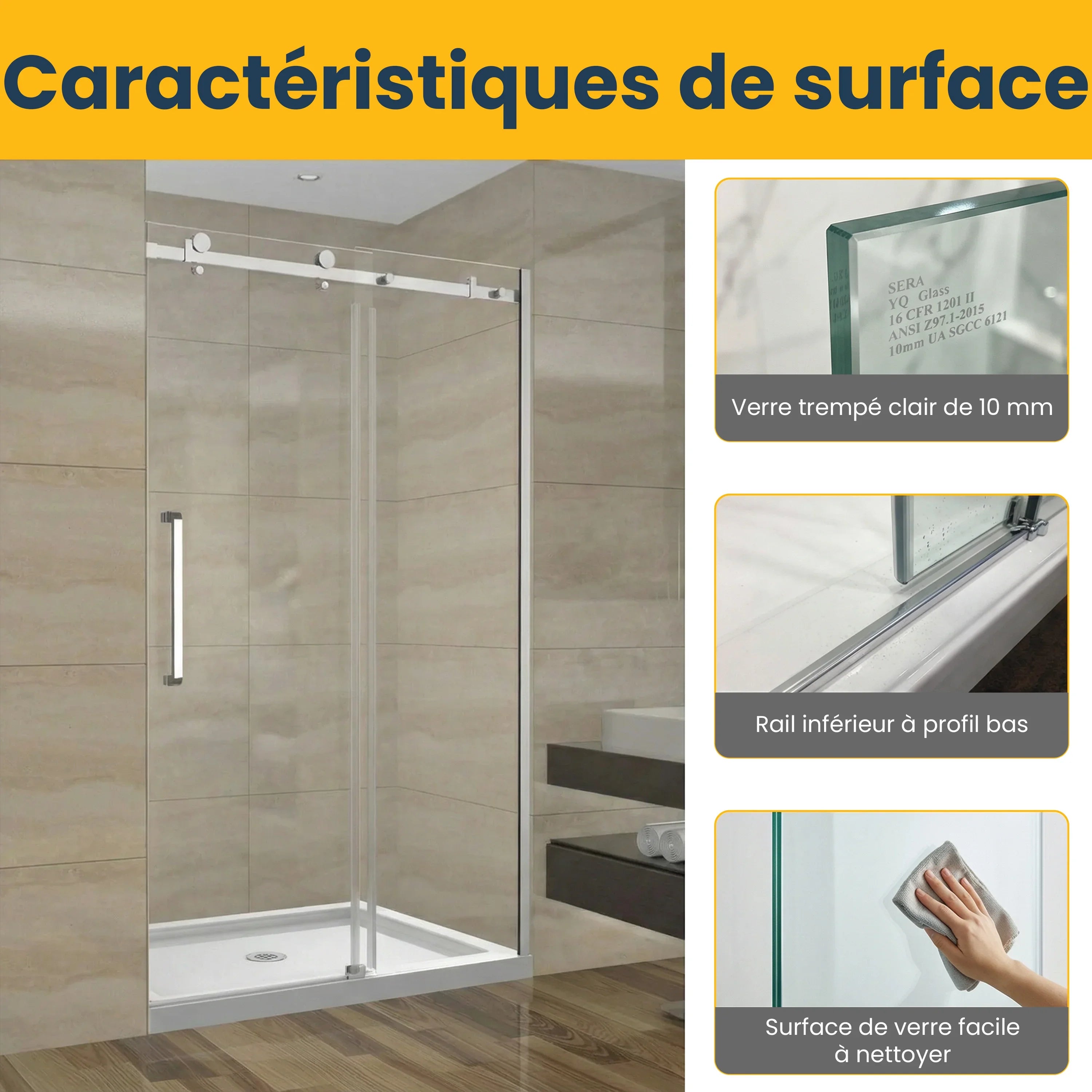 48" x 75" Alcove Reversible Sliding Shower Door with Square Chrome Hardware - 10mm Tempered Glass