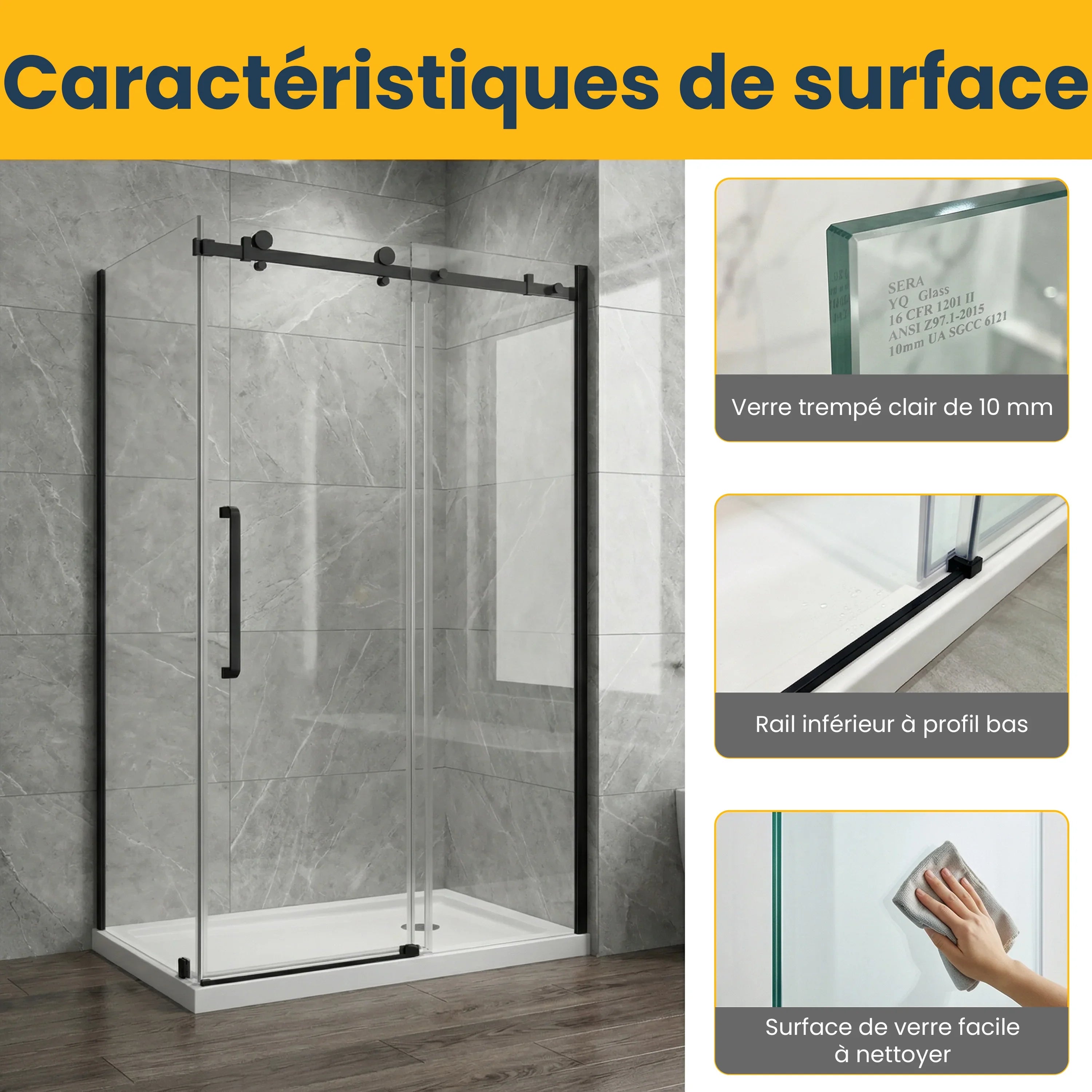 48" x 75" Reversible Sliding Shower Door with Black Square Hardware and 32" Side Panel