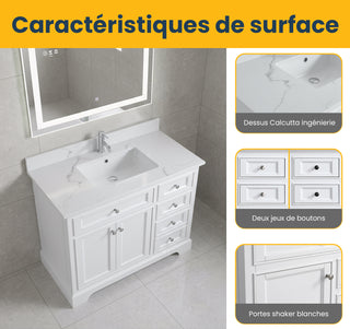 42" White Freestanding Single Sink Bathroom Vanity with Engineered Calcutta Marble Countertop