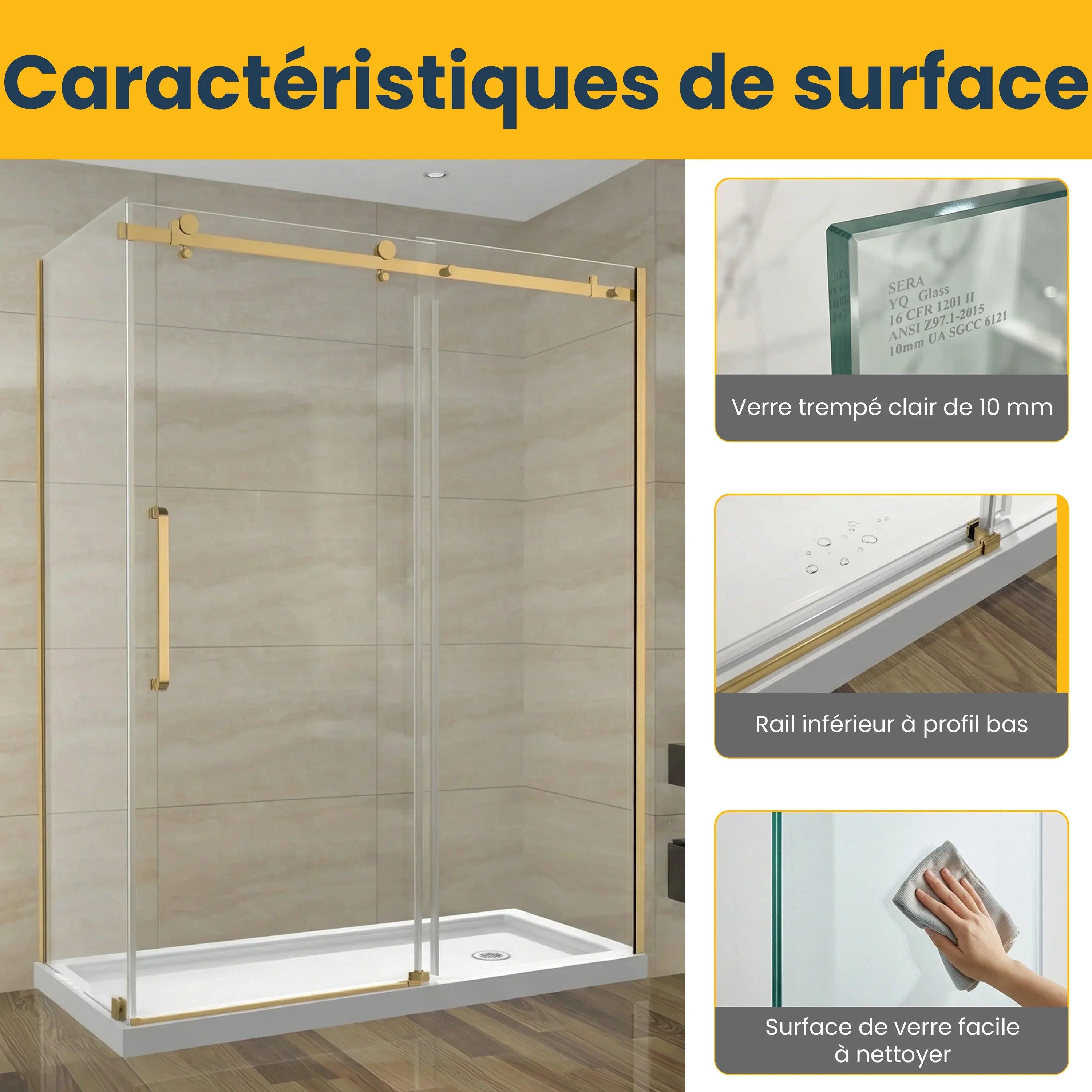 Porte de douche coulissante 60po x 32po x 75po en or brossé avec panneau latéral 32po