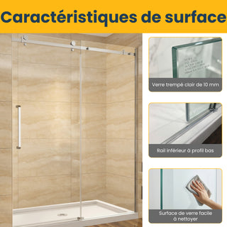 Porte de douche coulissante réversible en alcôve 60 po x 75 po en chrome - Verre 10 mm, configuration à 3 murs sans base