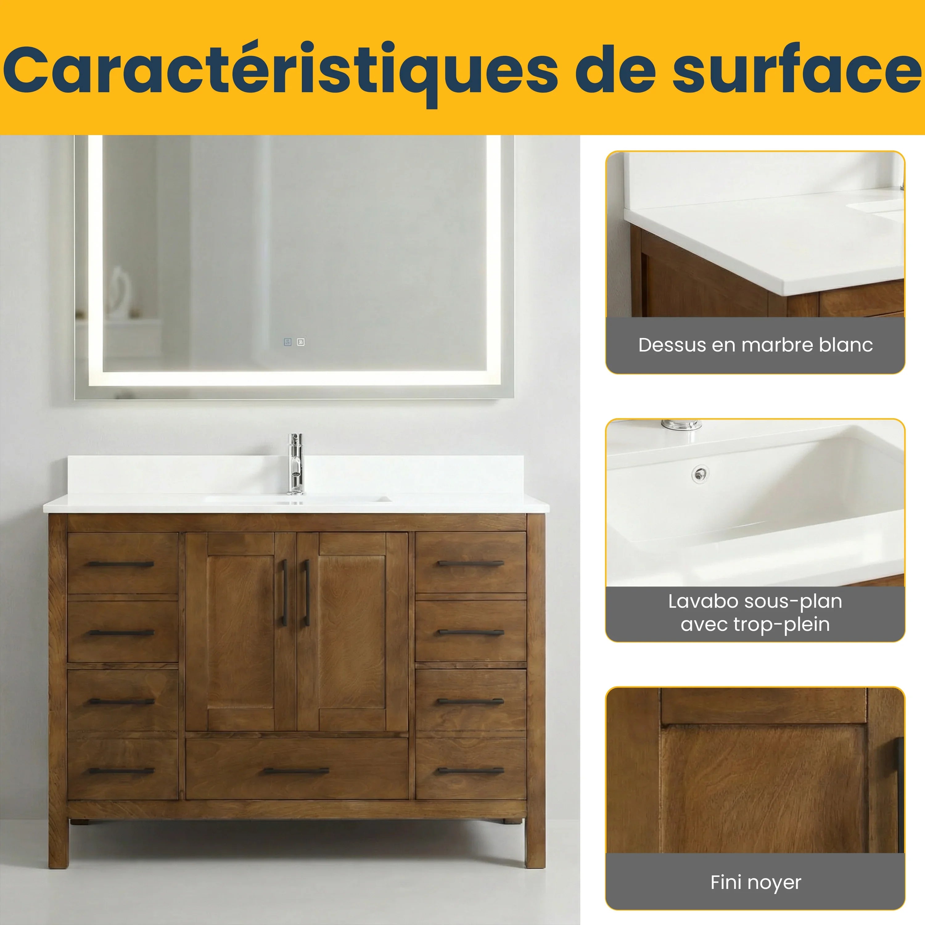 48" Walnut Freestanding Bathroom Vanity with Engineered White Marble Countertop