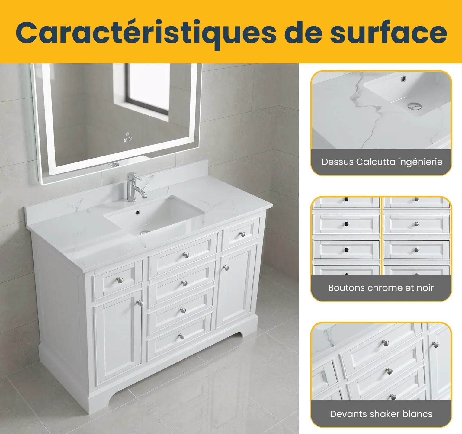 48" White Freestanding Bathroom Vanity with Engineered Calcutta Marble Countertop