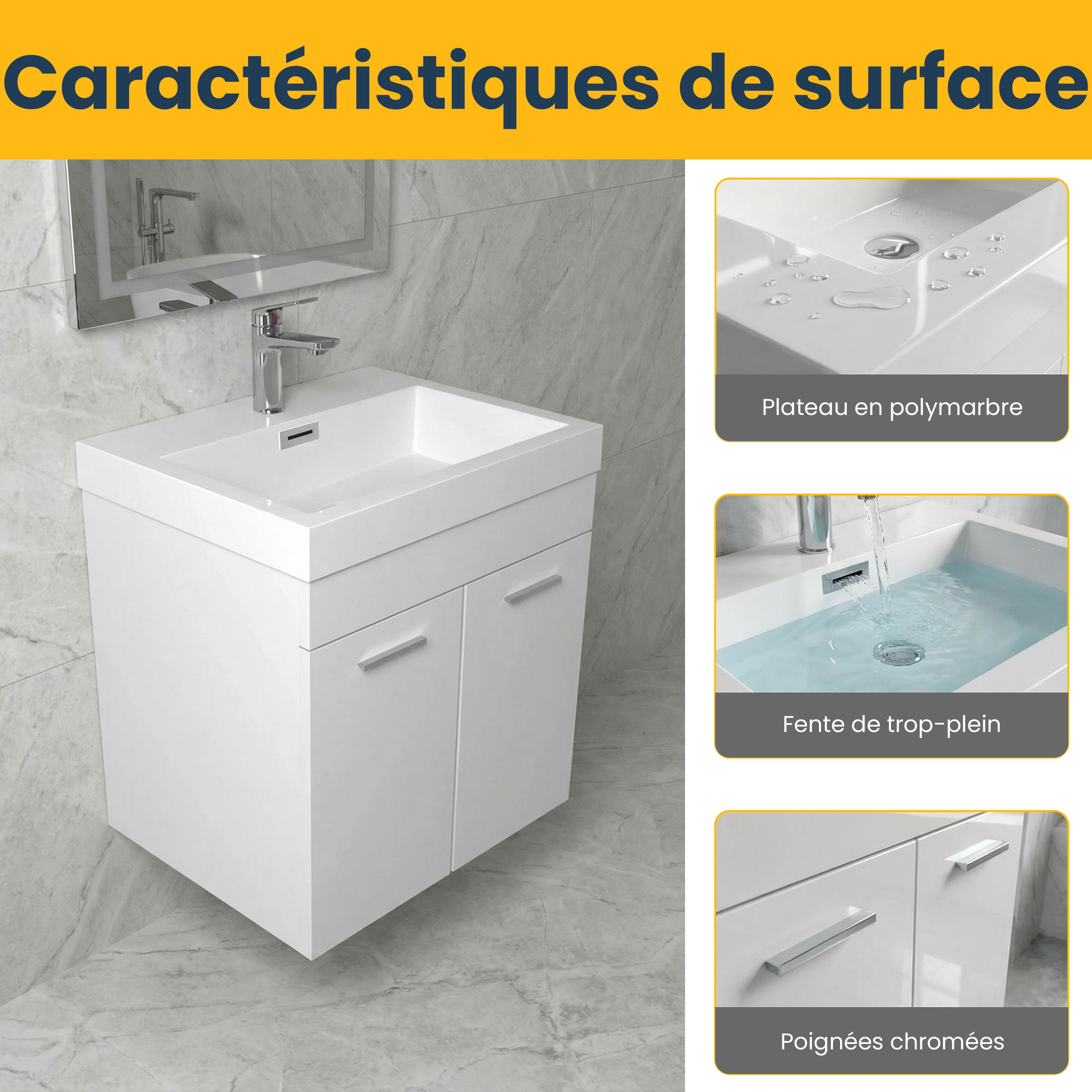 20" White Wall-Mount Single Sink Bathroom Vanity with White Polymarble Countertop