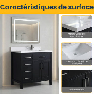 36" Black Freestanding Single Sink Bathroom Vanity with Engineered Calcutta Marble Countertop