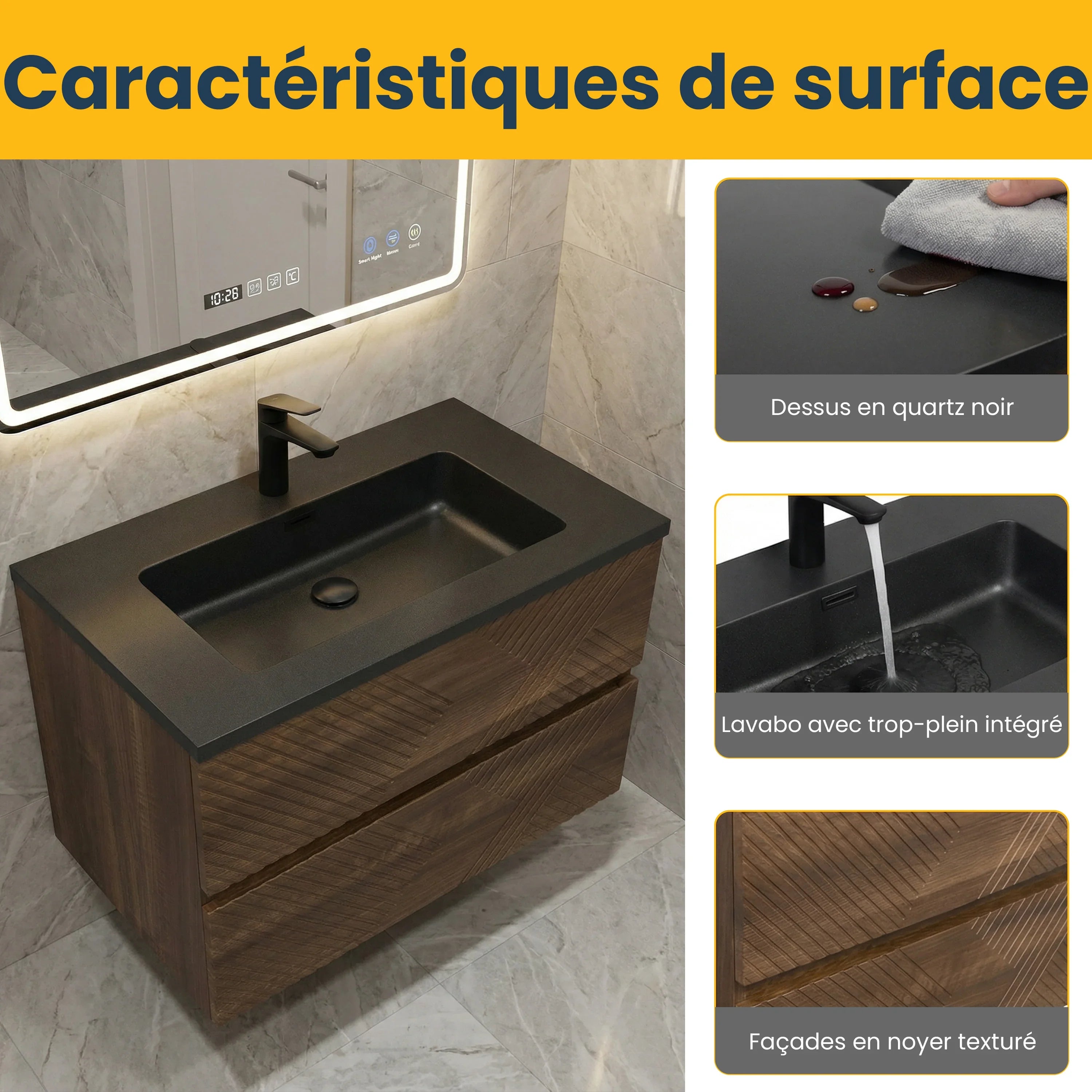 30" Walnut Wall Mount Single Sink Bathroom Vanity with Black Engineered Quartz Countertop