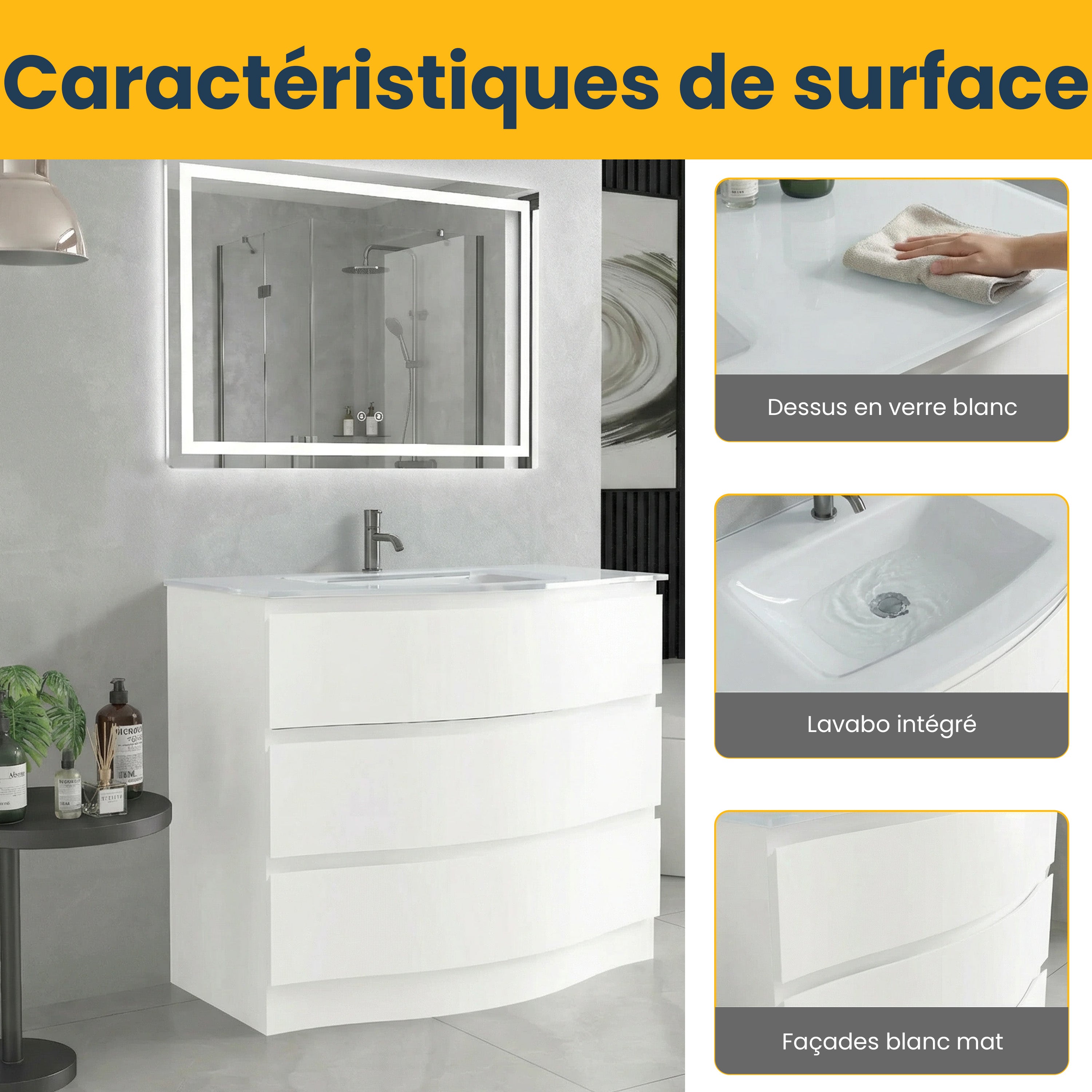 36" Matte White Freestanding Single Sink Bathroom Vanity with White Glass Countertop