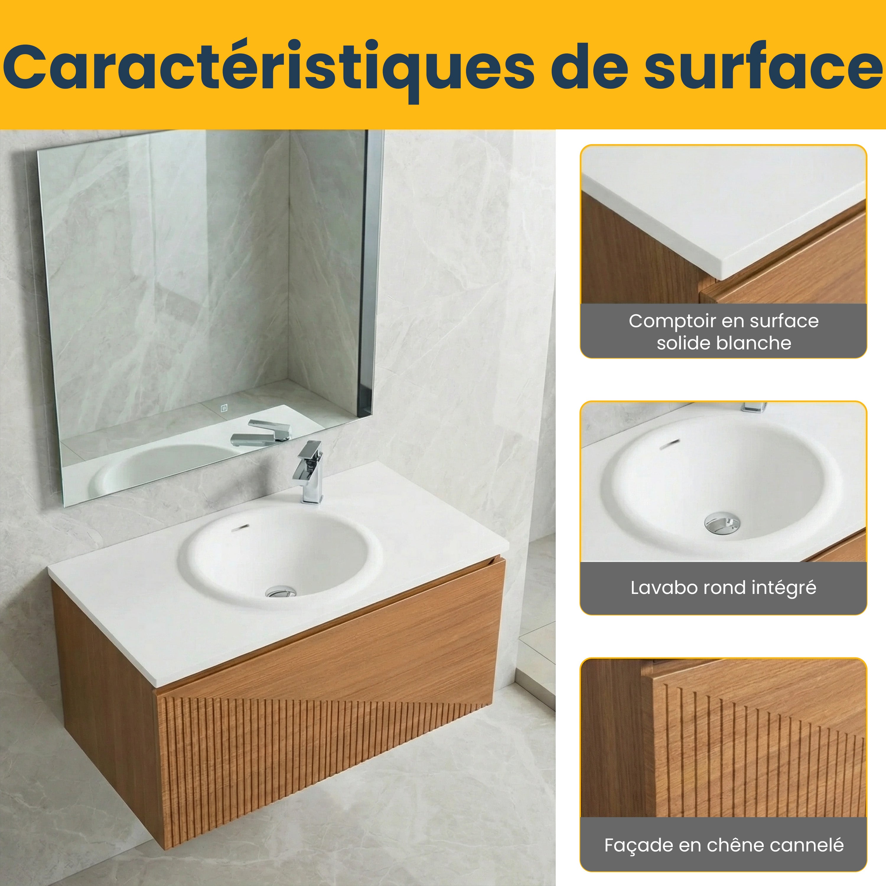 36" Light Oak Wall Mount Bathroom Vanity with White Solid Surface Countertop