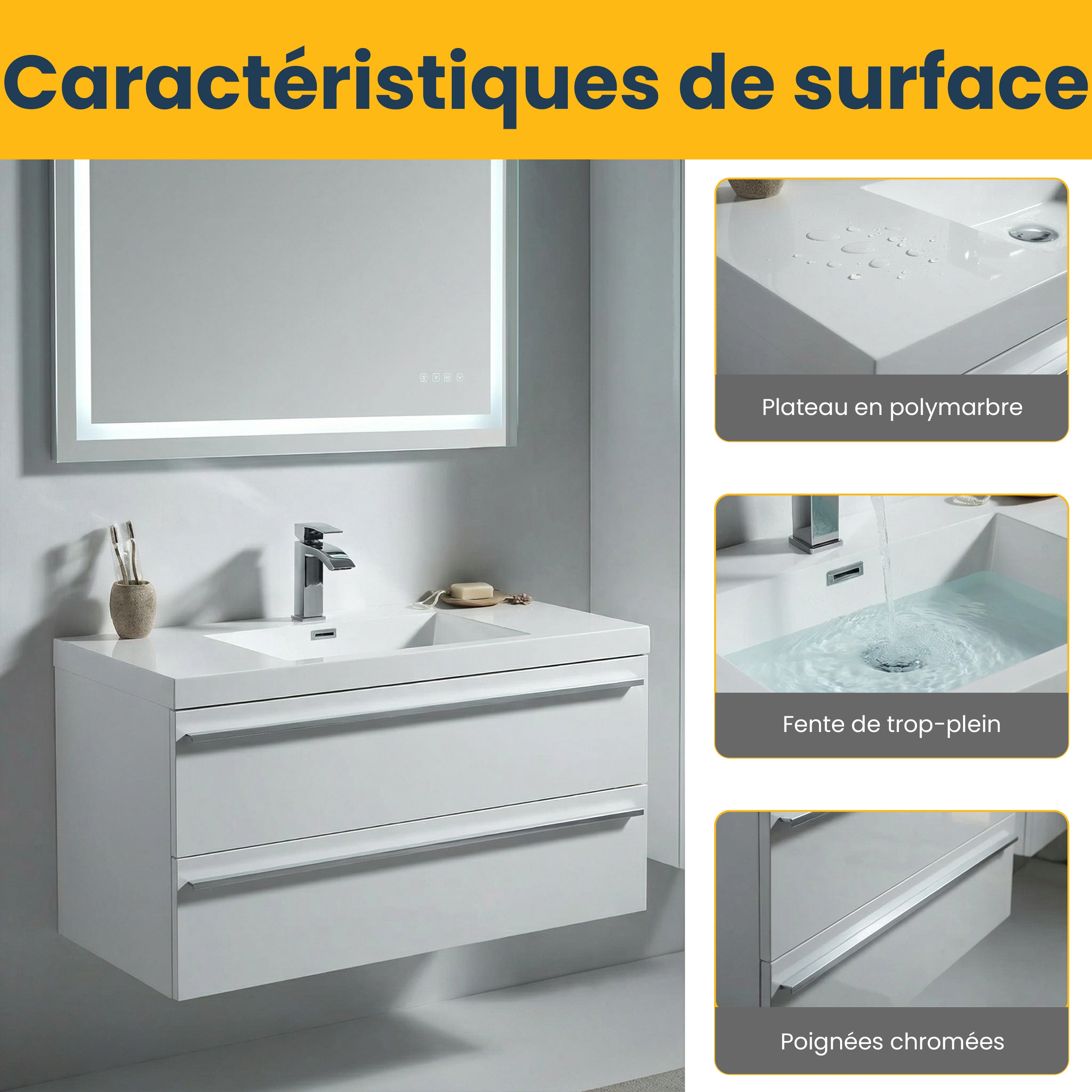 42" White Wall Mount Bathroom Vanity with White Polymarble Countertop