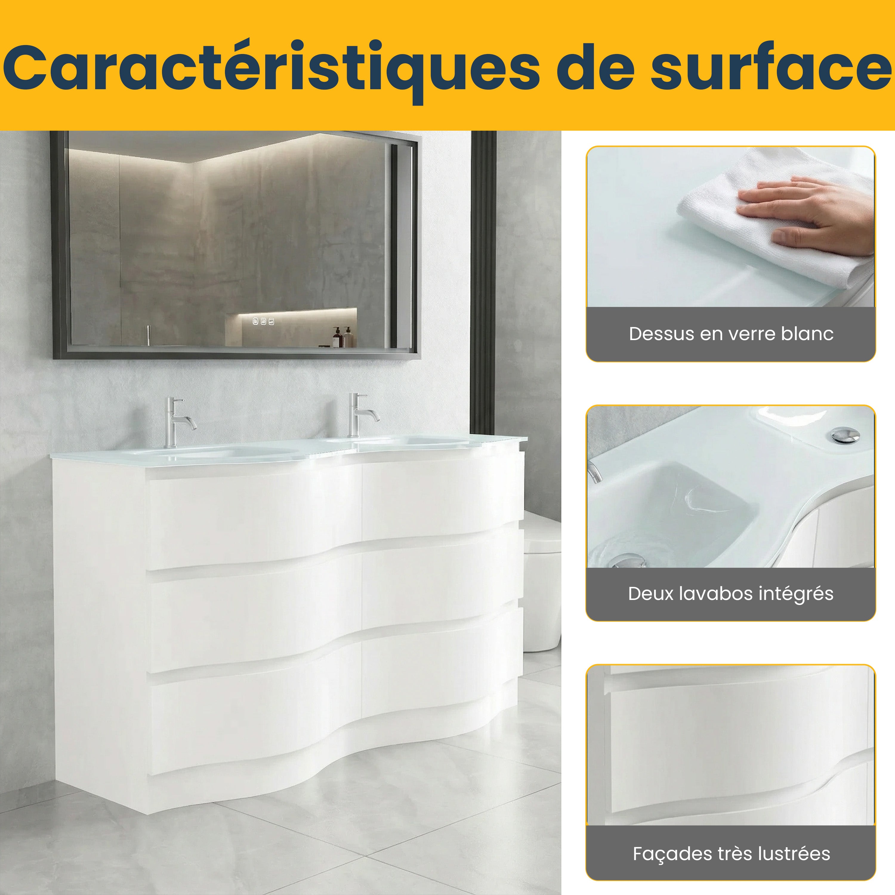 60" Matte White Freestanding Double Sink Bathroom Vanity with White Glass Countertop