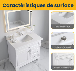 36" White Freestanding Single Sink Bathroom Vanity with Snow White Countertop