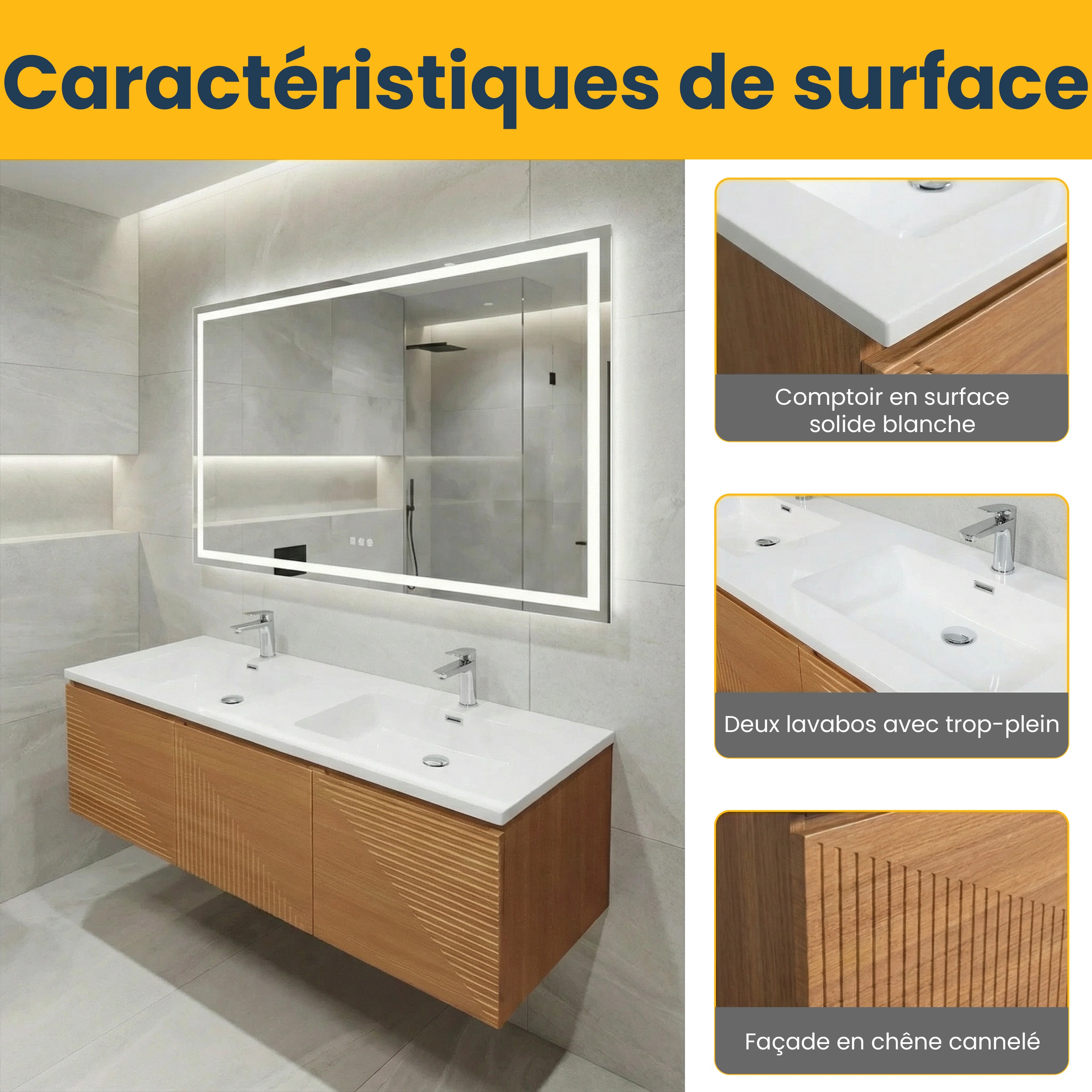 60" Light Oak Wall-Mounted Double Sink Bathroom Vanity with White Polymarble Countertop