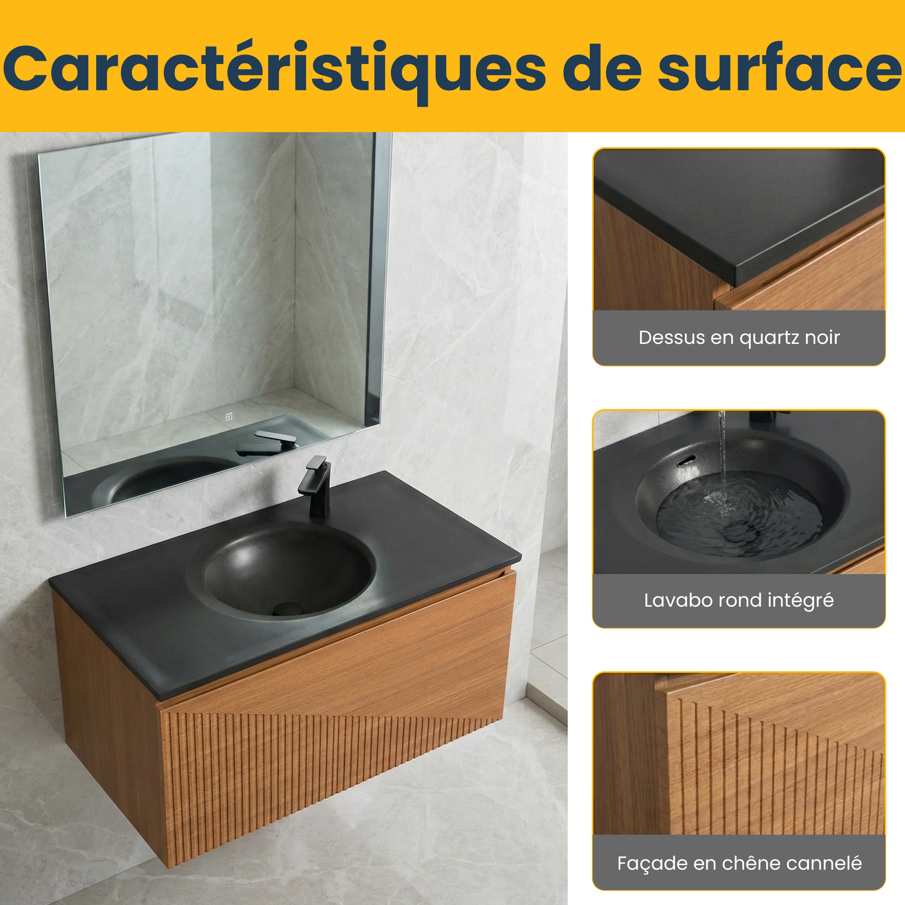 Meuble-Lavabo Mural 36po Chêne Clair avec Comptoir de Quartz d'ingénierie Noir