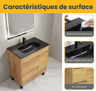 30" Frosted Oak Freestanding Single Sink Bathroom Vanity with Black Ceramic Countertop