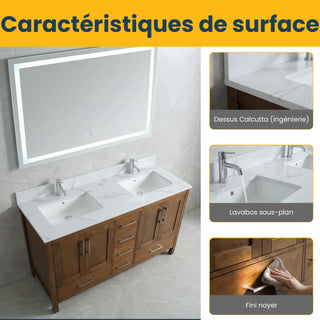 Meuble-lavabo double sur pied en noyer de 60 pouces avec comptoir en marbre reconstitué de Calacatta