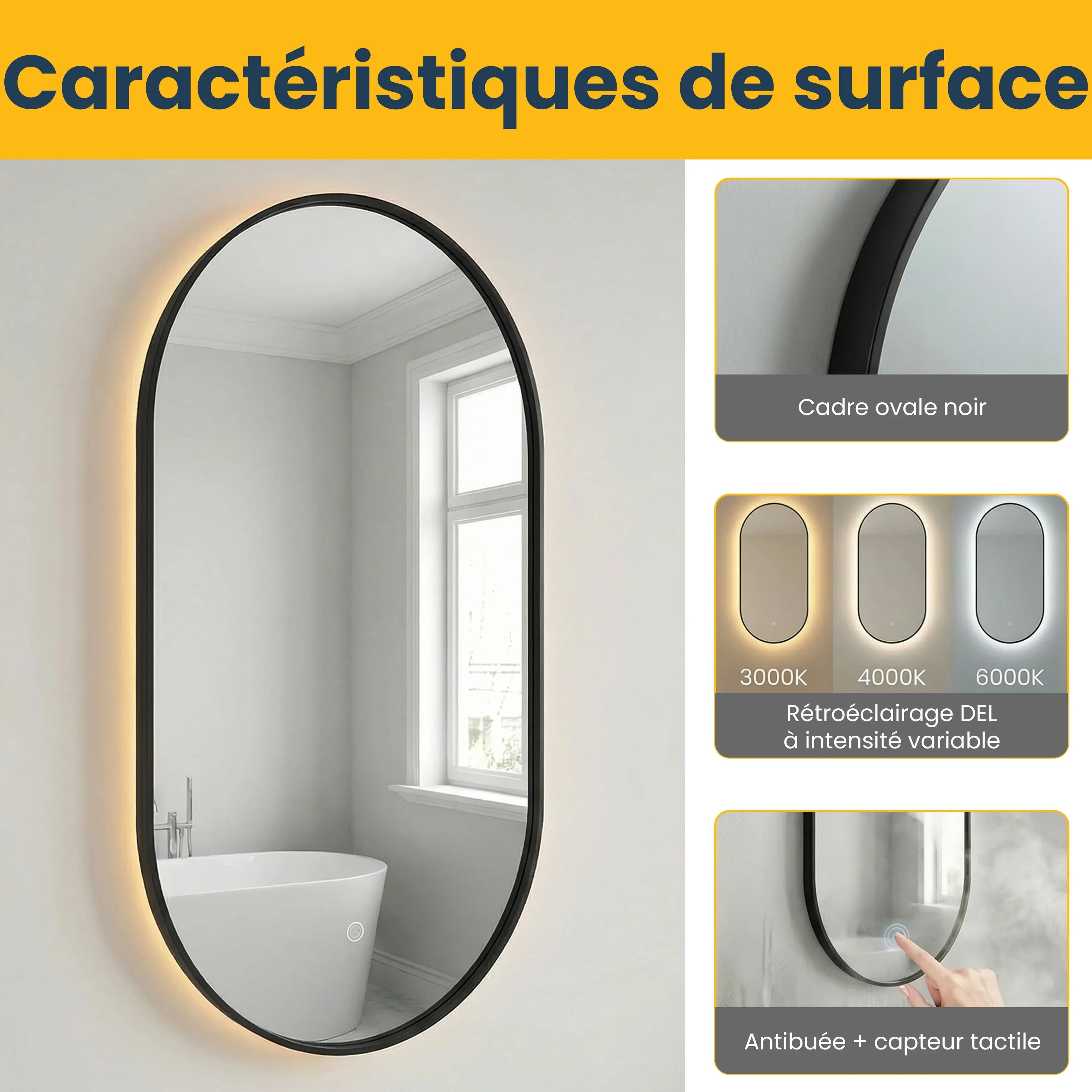 24" x 40" LED Oval Bathroom Mirror with Black Frame and Defogger
