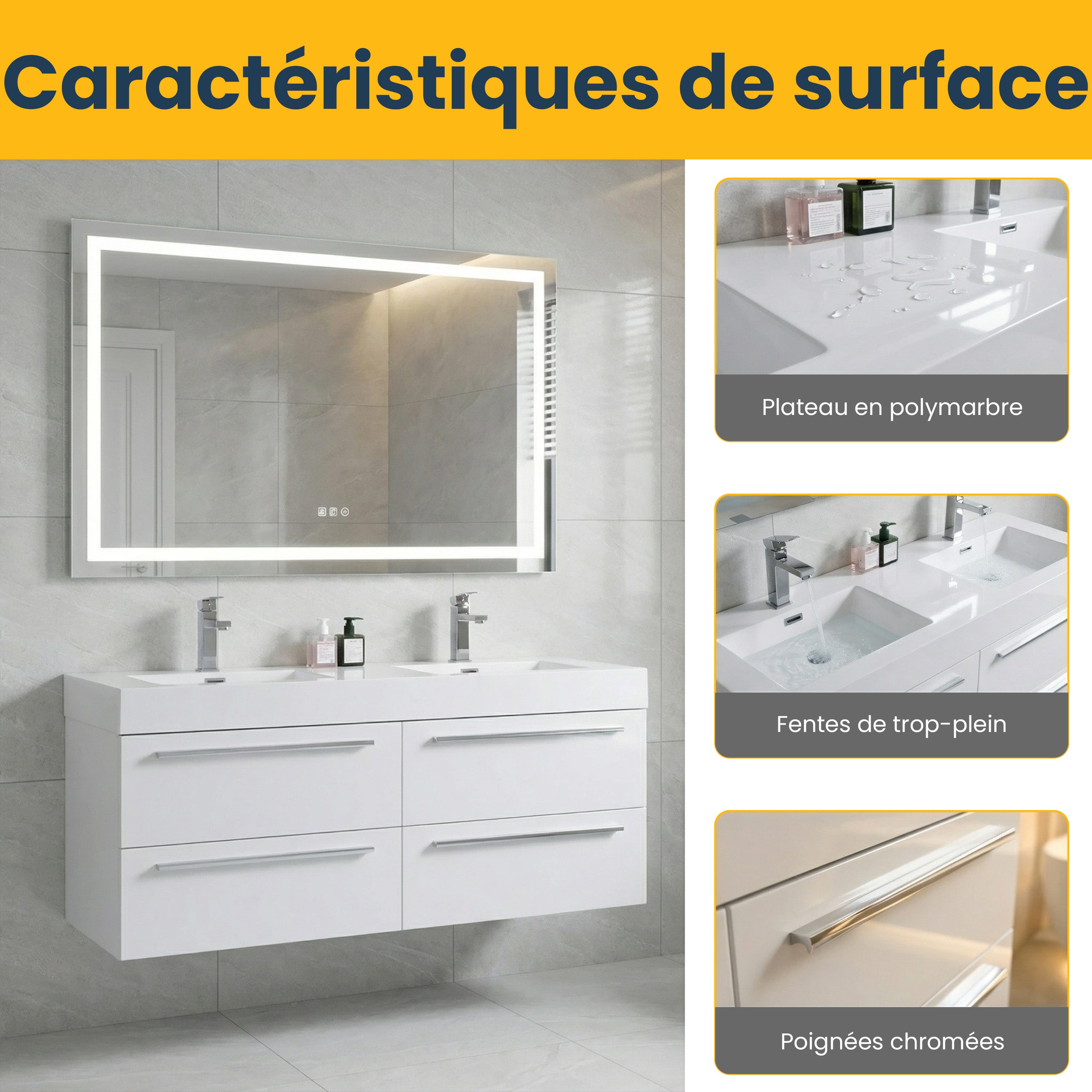 Meuble-Lavabo Mural Blanc de 60 po avec Comptoir en Polymarbre Blanc