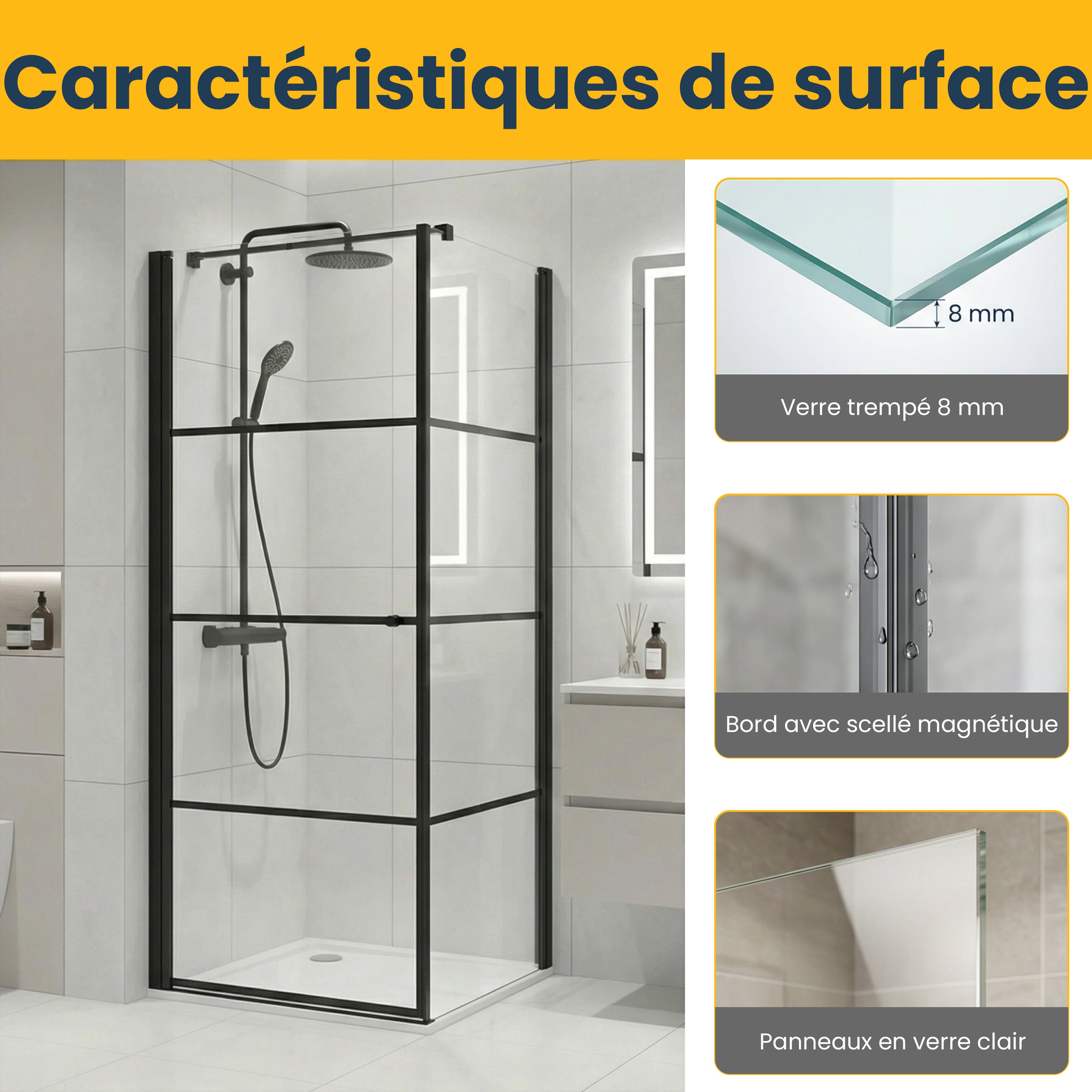 Cabine de Douche Coin 36po x 36po Noir Mat avec Porte Pivotante