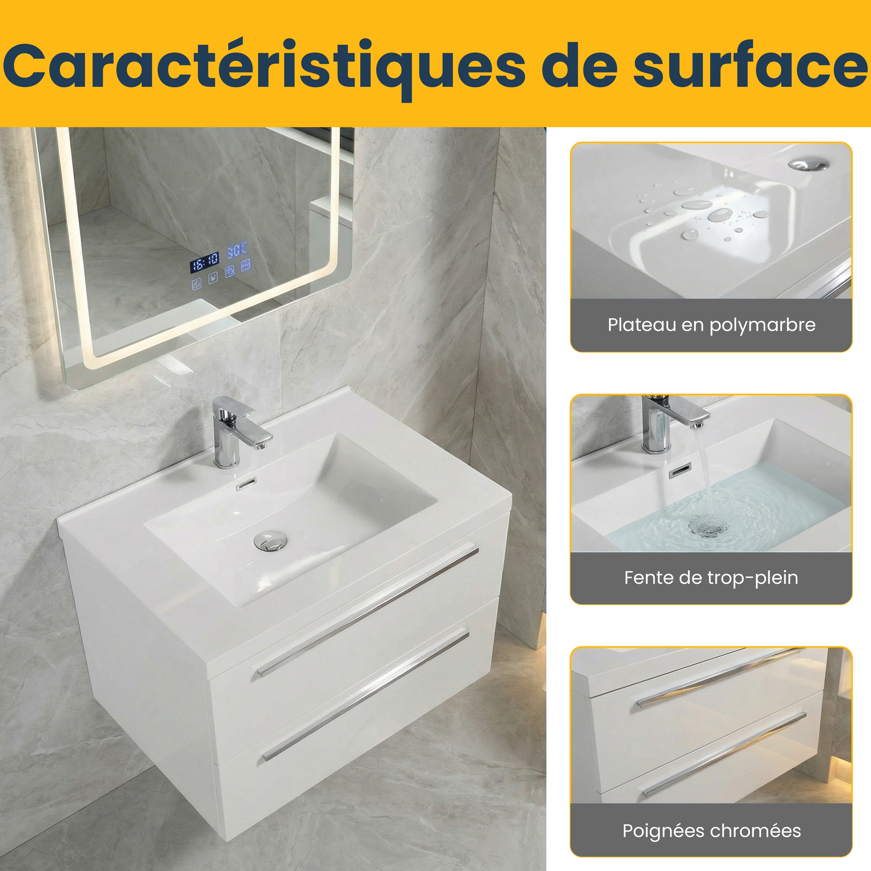 Meuble-Lavabo Mural 30po Blanc avec Comptoir de Polymarbre Blanc