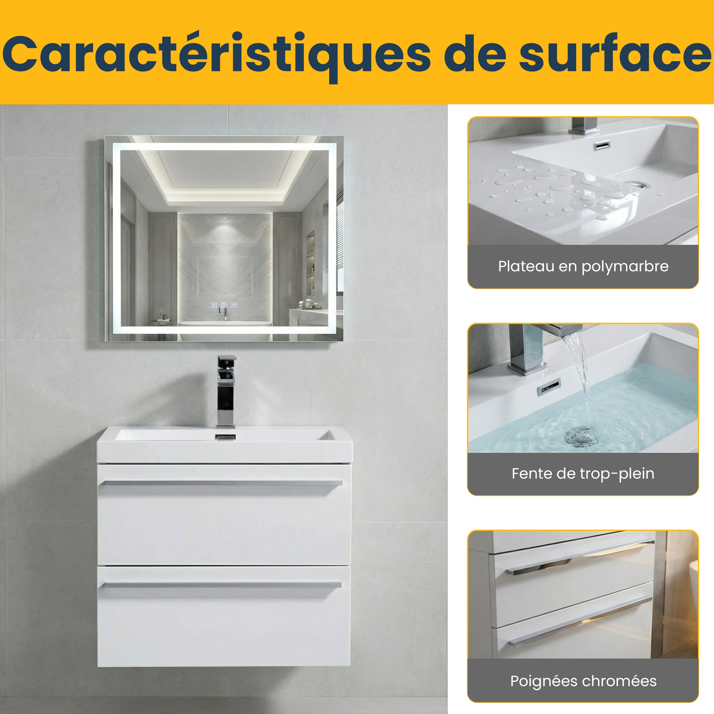 Meuble-lavabo mural blanc 24" avec Comptoir en polymarbre blanc