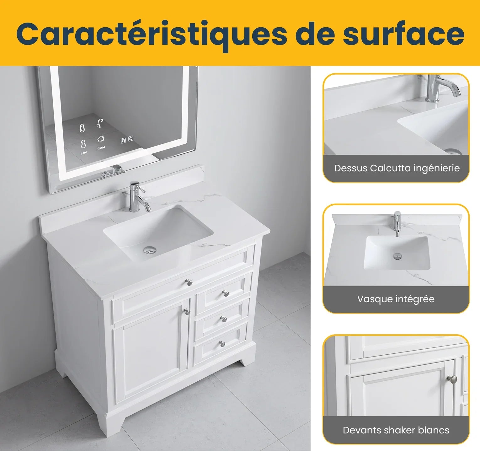 Meuble-lavabo de salle de bain autoportant blanc 36" avec Comptoir en marbre Calcutta reconstitué