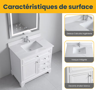 36" White Freestanding Bathroom Vanity with Engineered Calcutta Marble Countertop