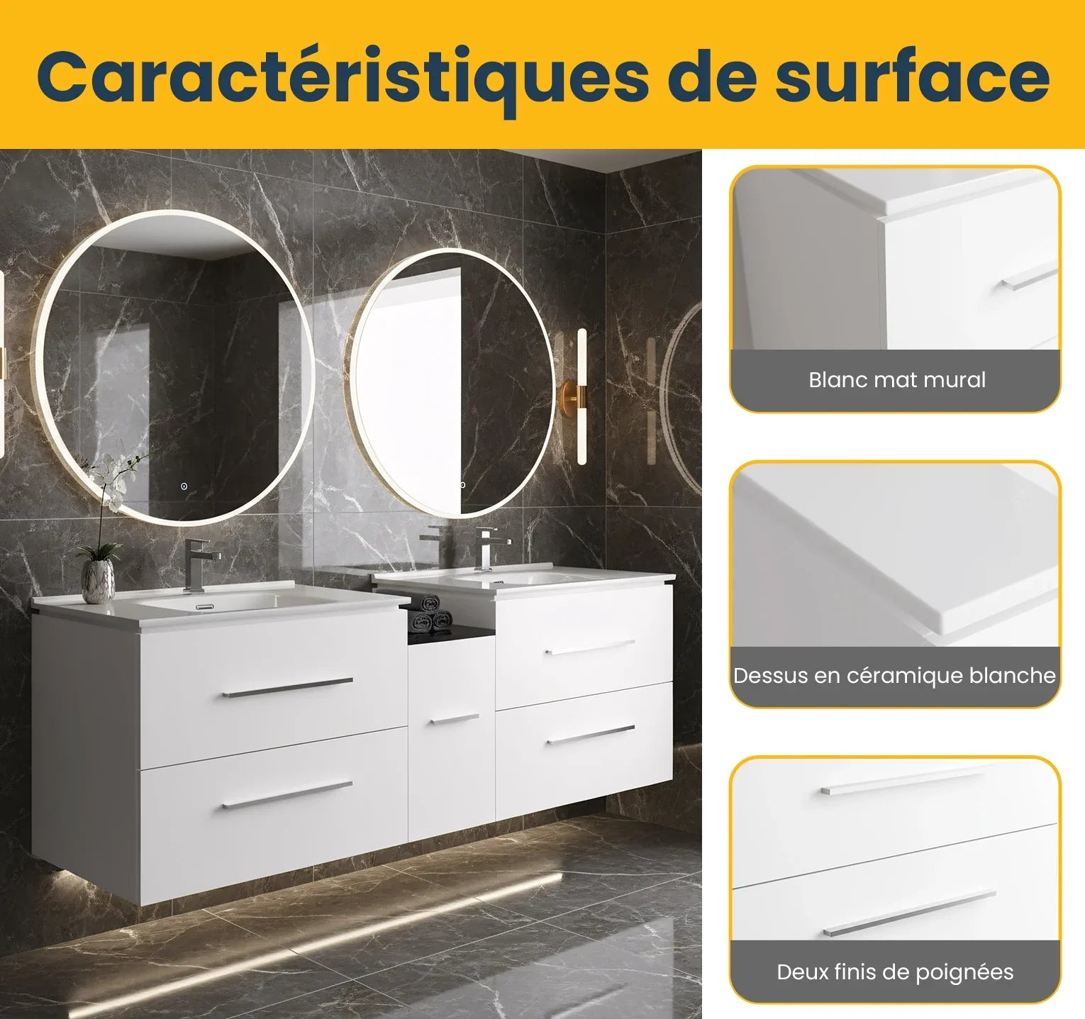 60" Matte White Wall Mount Double Sink Bathroom Vanity with White Ceramic Countertop