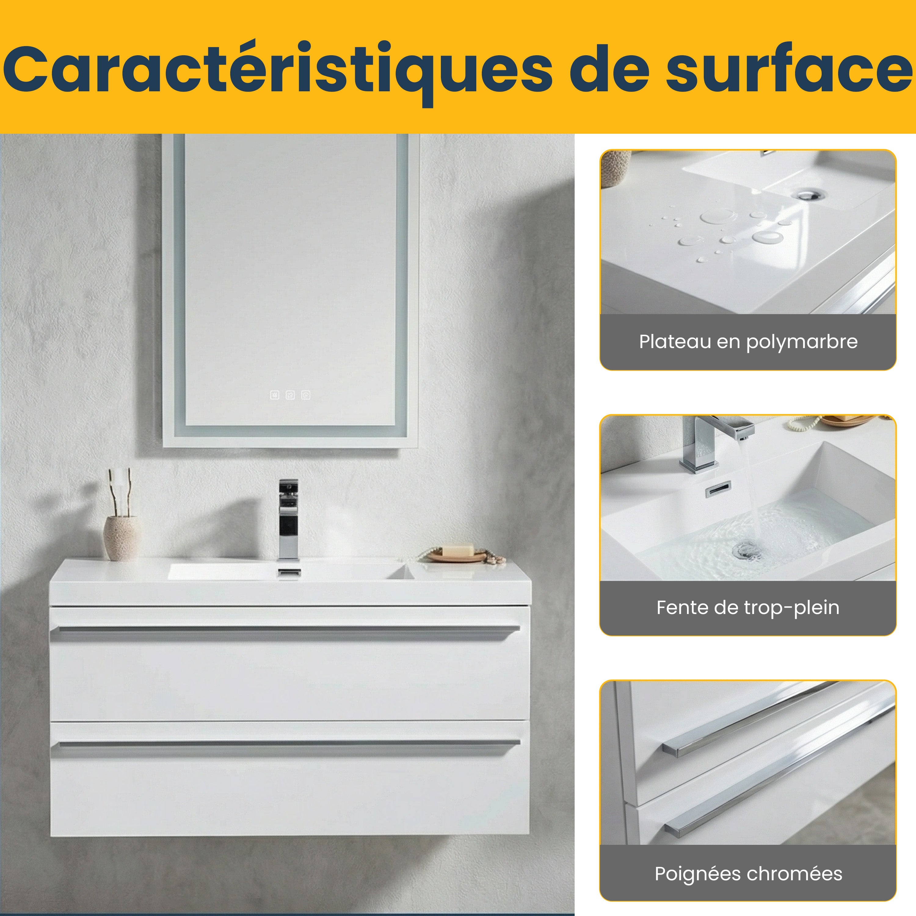 Meuble-Lavabo Mural Blanc de 36 po avec Comptoir en Polymarbre Blanc