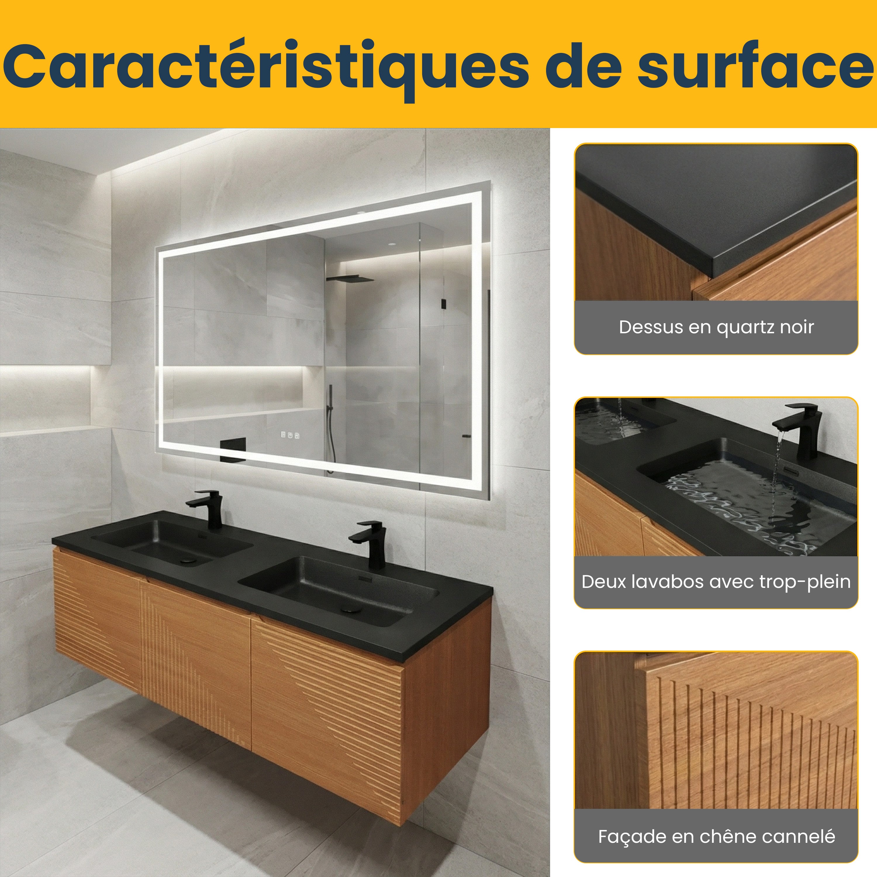 60" Light Oak Wall-Mounted Double Sink Bathroom Vanity with Black Engineered Quartz Countertop