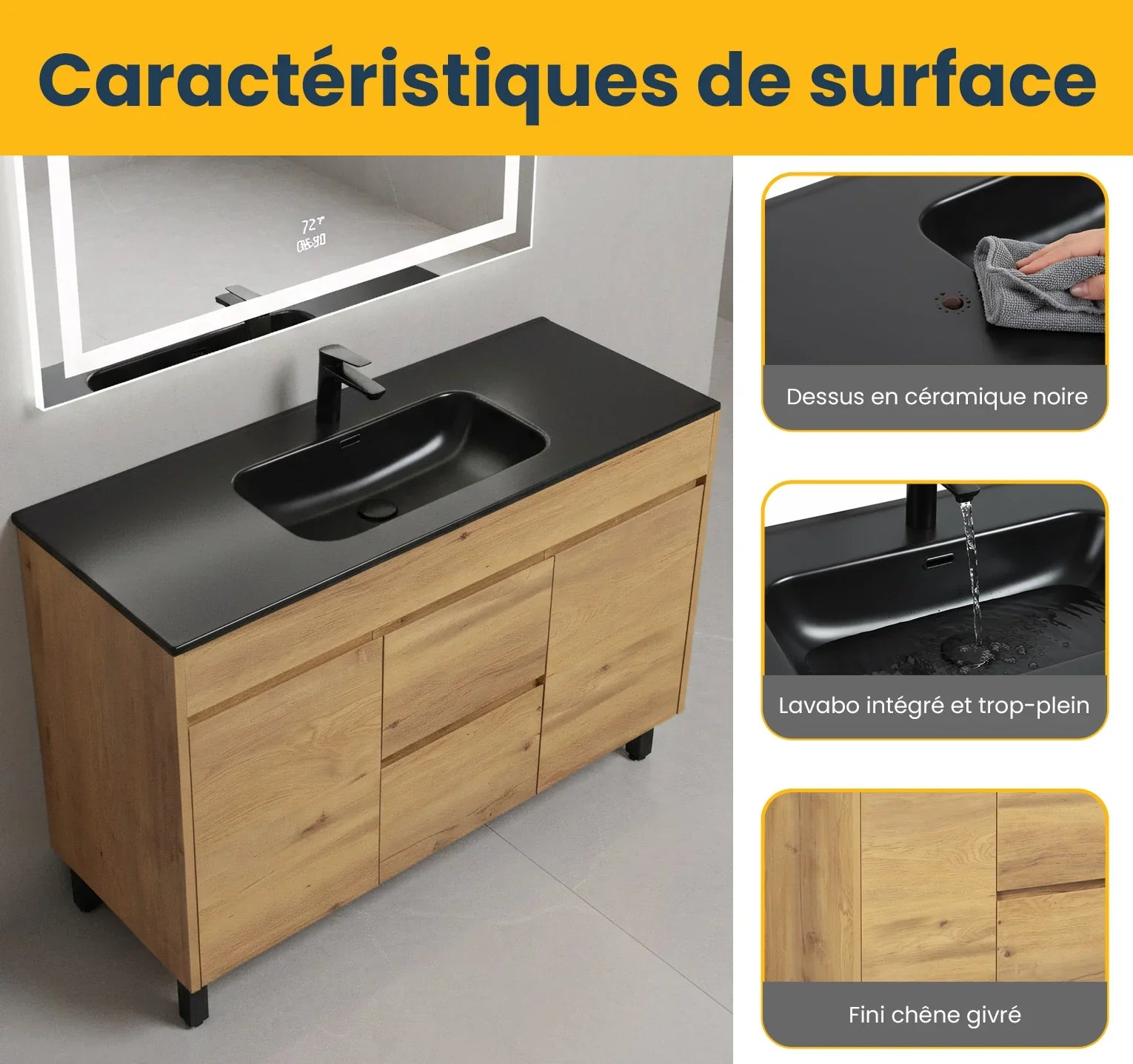 48" Frosted Oak Freestanding Single Sink Bathroom Vanity with Black Ceramic Countetop