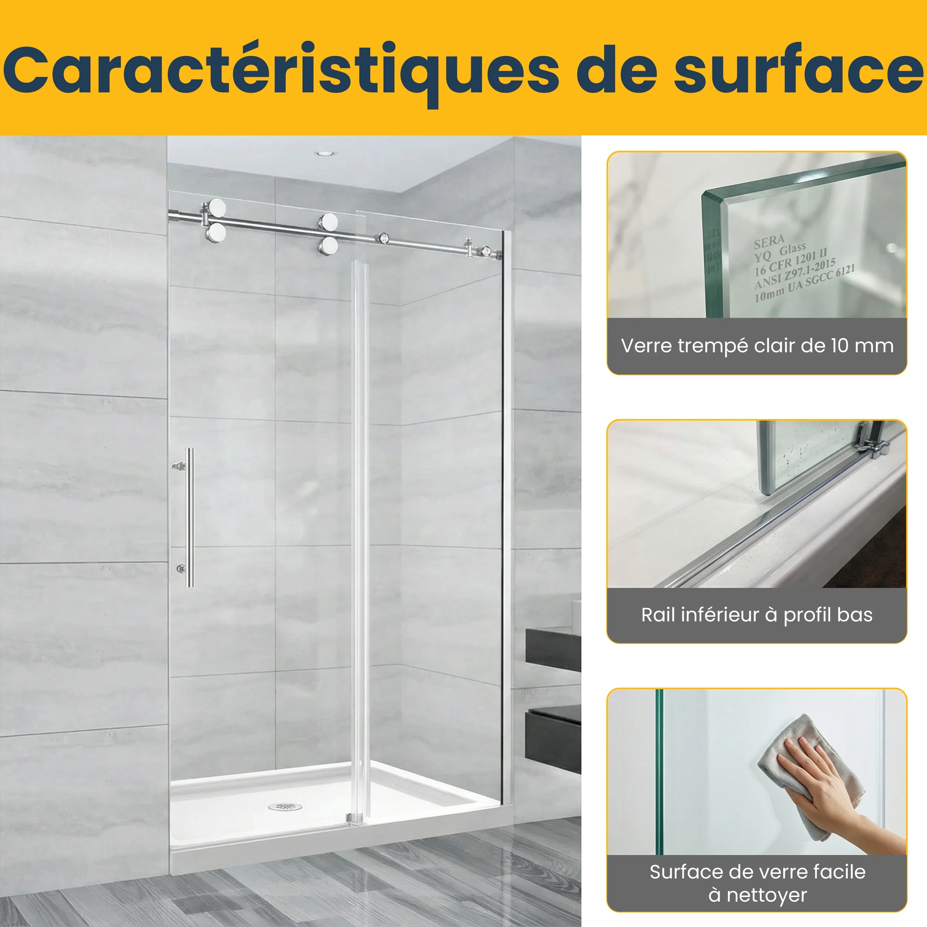 Porte de douche coulissante réversible 48po x 75po en alcôve - Quincaillerie chrome ronde, verre trempé 10mm