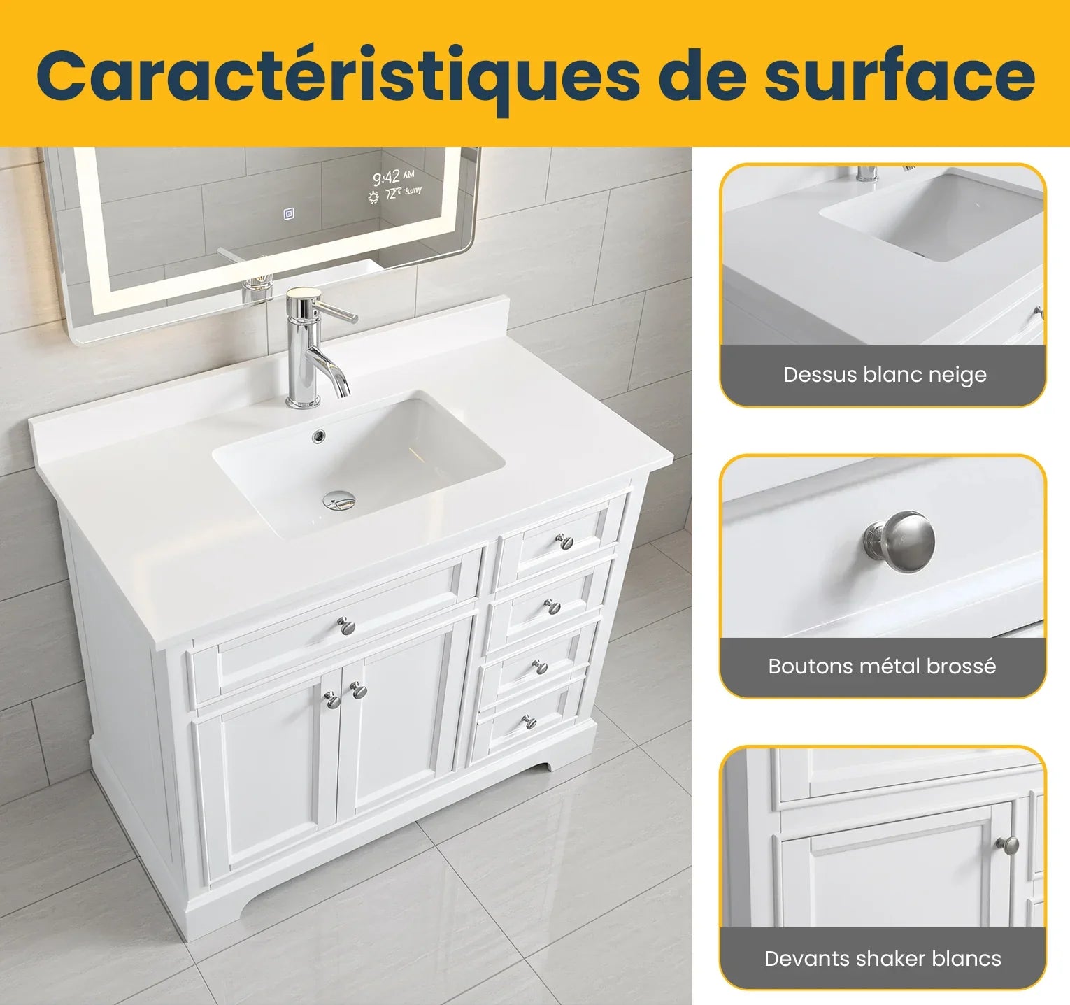 Meuble-Lavabo Autoportant 42po Blanc avec Comptoir de Quartz Blanc