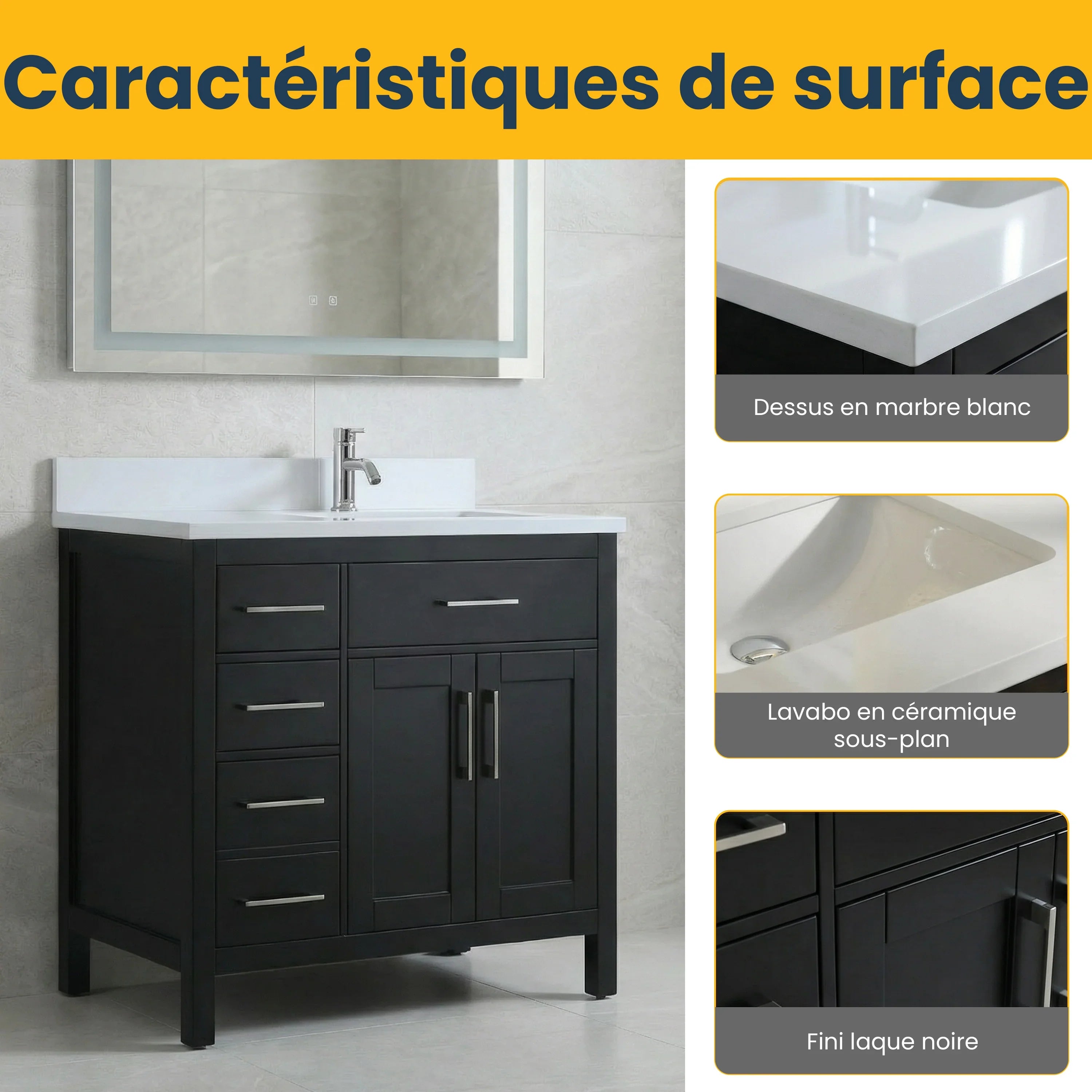 Meuble-lavabo autoportant noir de 36 po avec comptoir en marbre blanc reconstitué