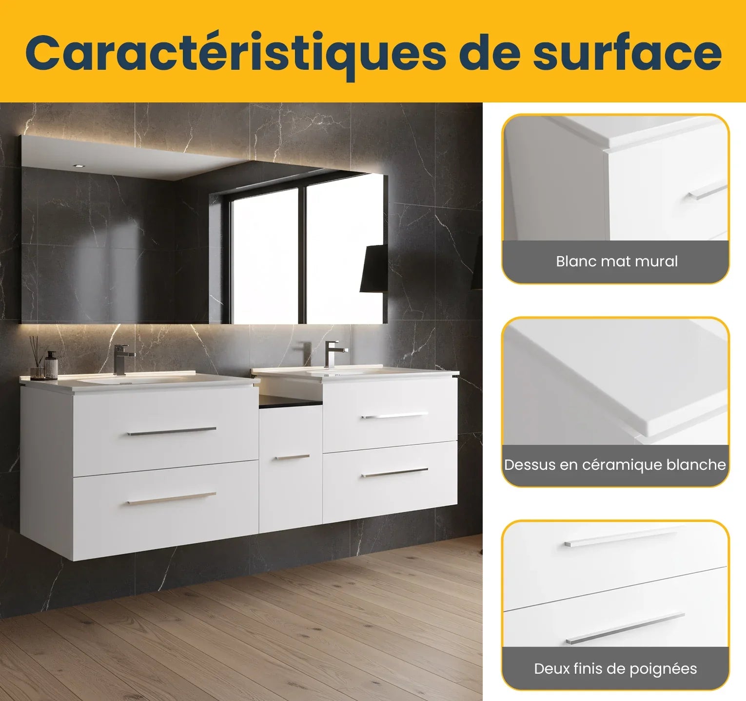 Meuble-Lavabo Mural 72po Blanc Mat avec Comptoir de Céramique Blanc