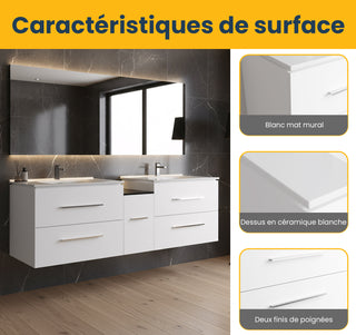 Meuble-Lavabo Mural 72po Blanc Mat avec Comptoir de Céramique Blanc